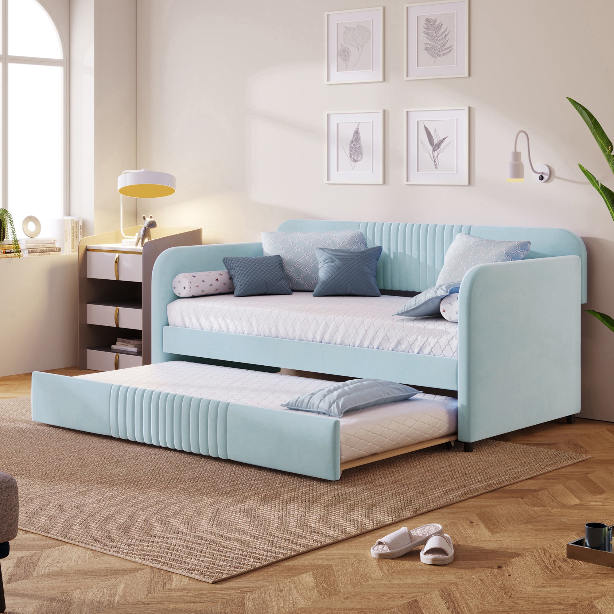 Twin Upholstered Daybed Sofa Bed with Trundle & Wood Slat, Light Blue