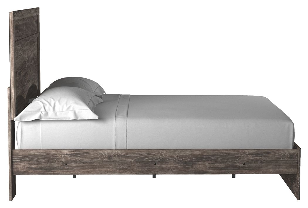 Dark gray wood panel bed frame with tall headboard and gray mattress, side view