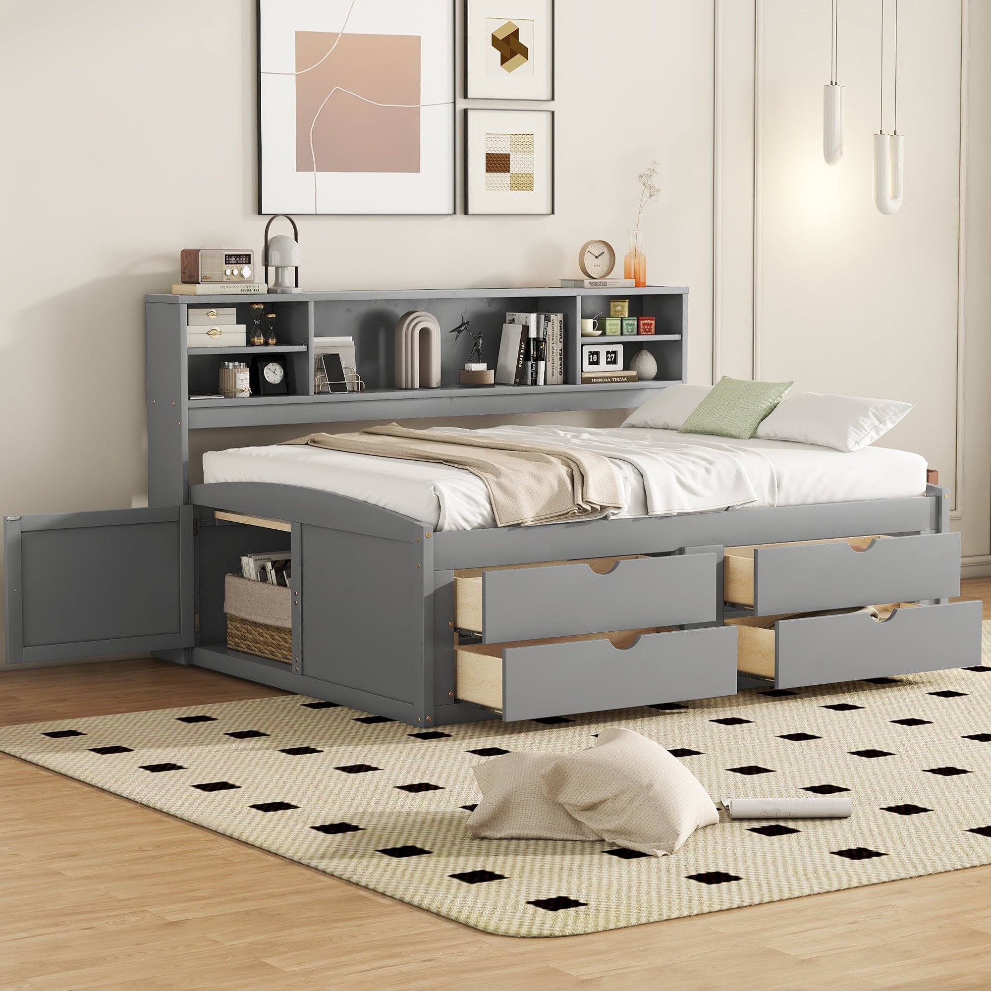 Gray Full Size Wood Daybed: 2 Cabinets, Upper Shelves, 4 Drawers