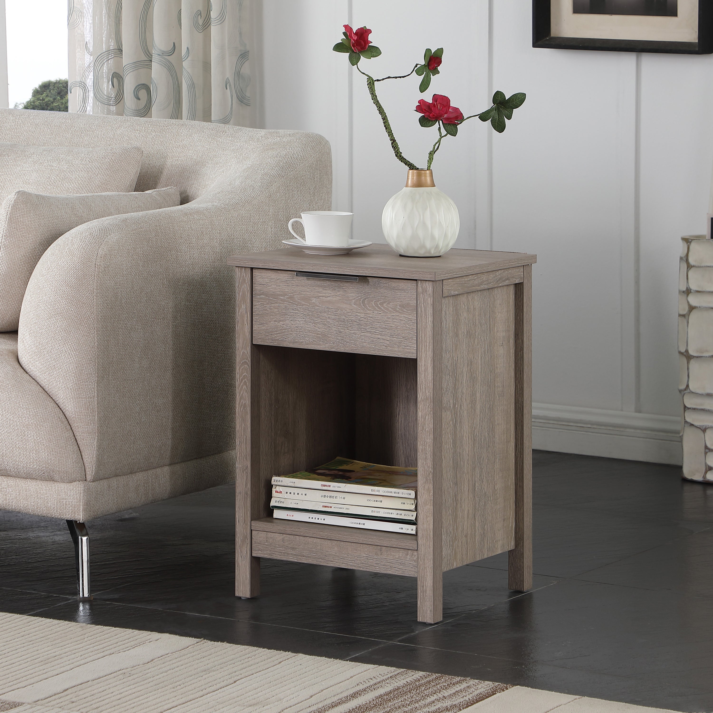 Rustic Grey Nightstand & End Table: Drawer, Shelf, Easy Assemble, Bedroom