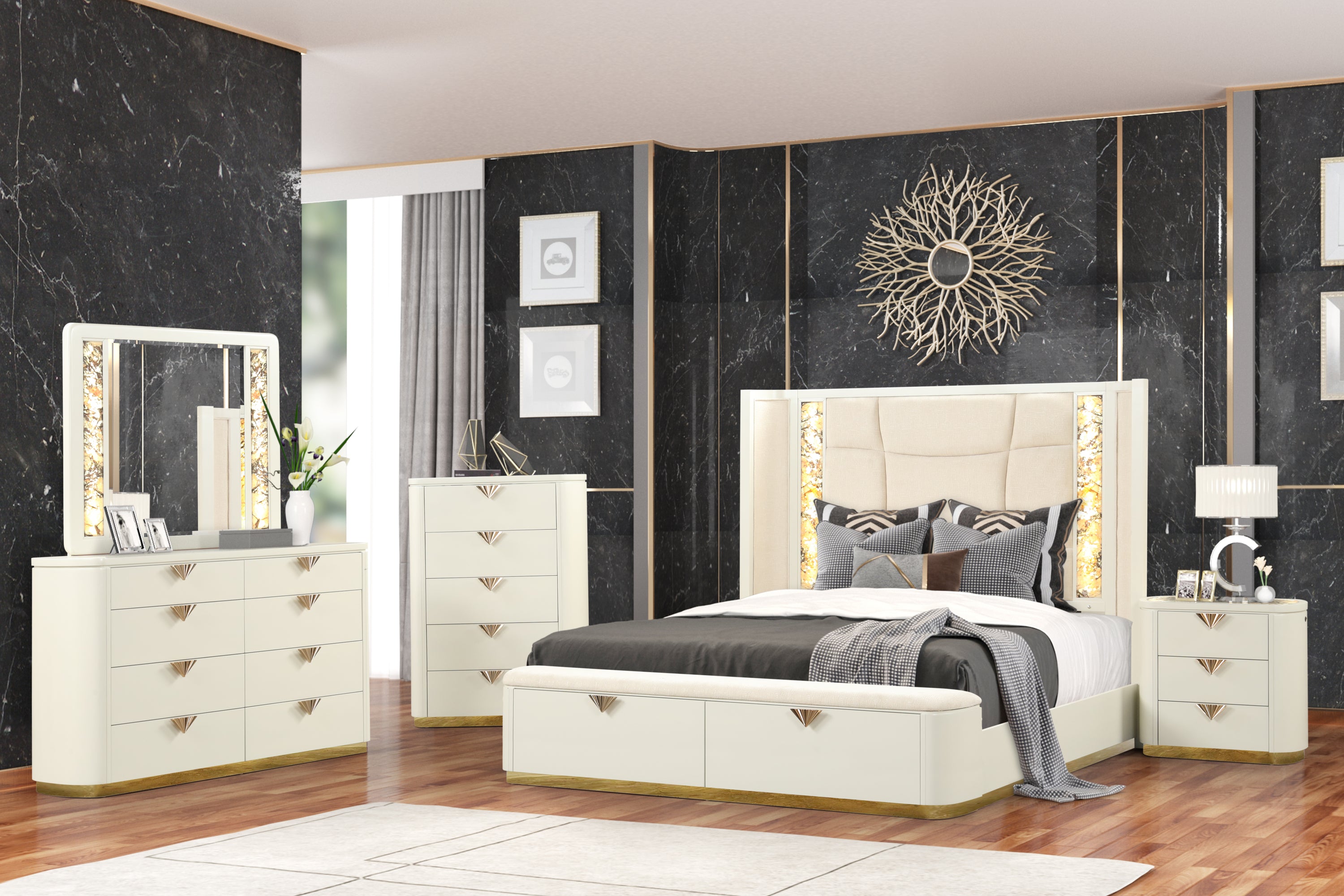 Modern King 5 Pc Upholstered Bedroom Set - Beige, Wood & Gold Accents