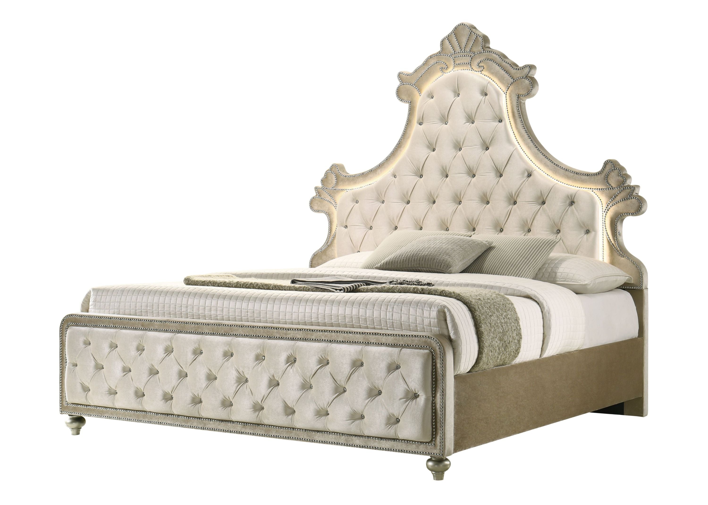 Lucienne Beige Velvet Eastern King Bed with LED Lighting