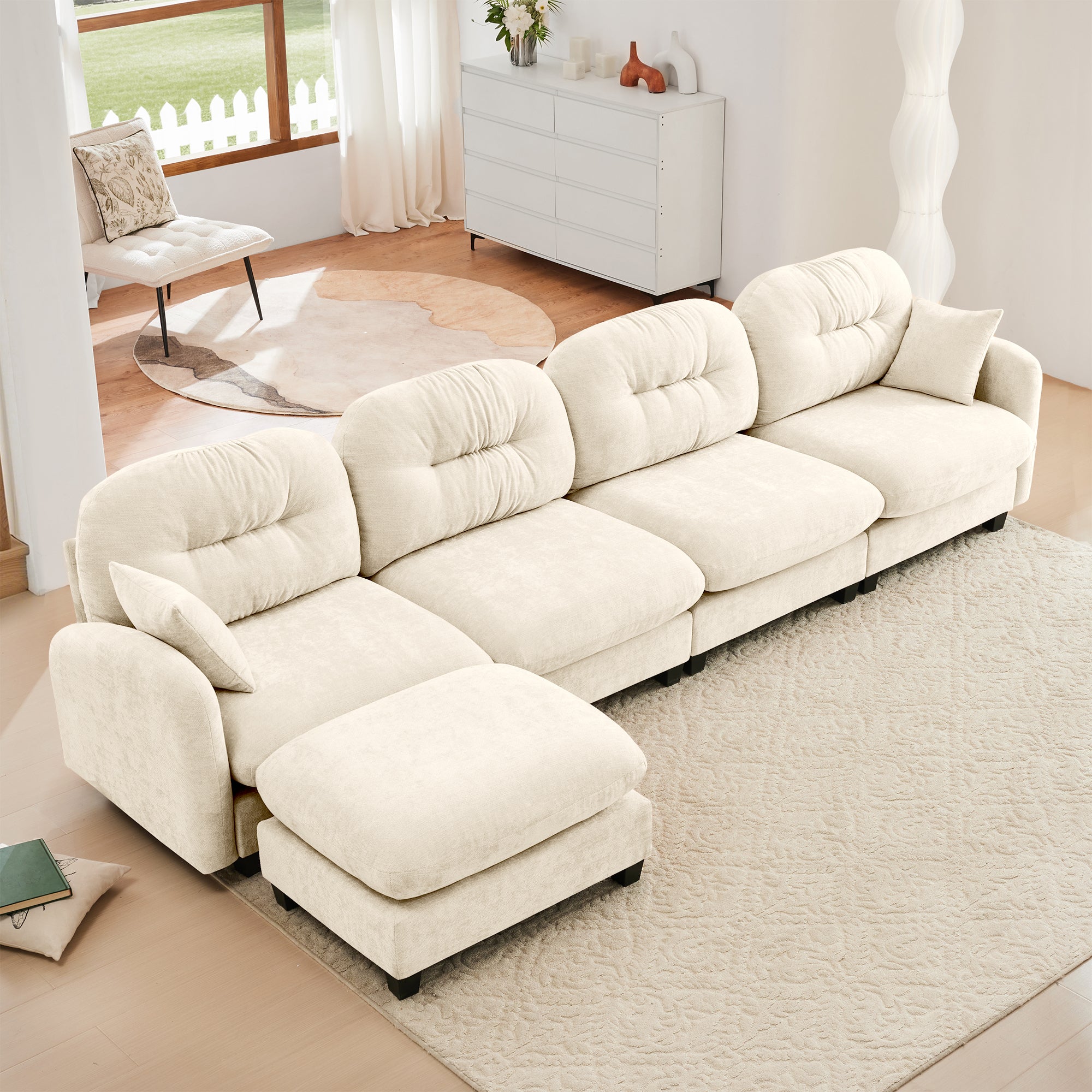 L-Shape Modular Sectional Sofa, Ottoman, Beige Chenille