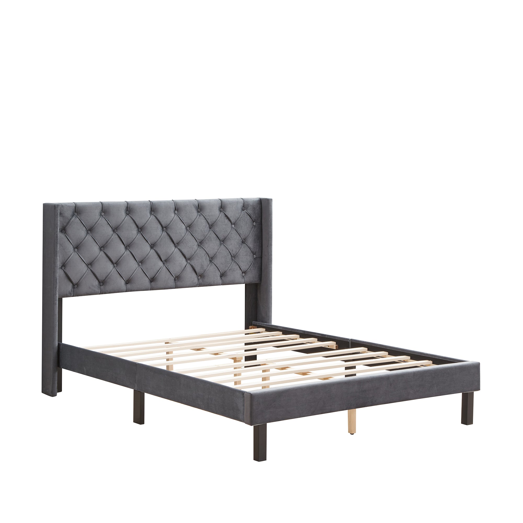 Gray Velvet Tufted Wingback Queen Platform Bed with Strong Wood Slats