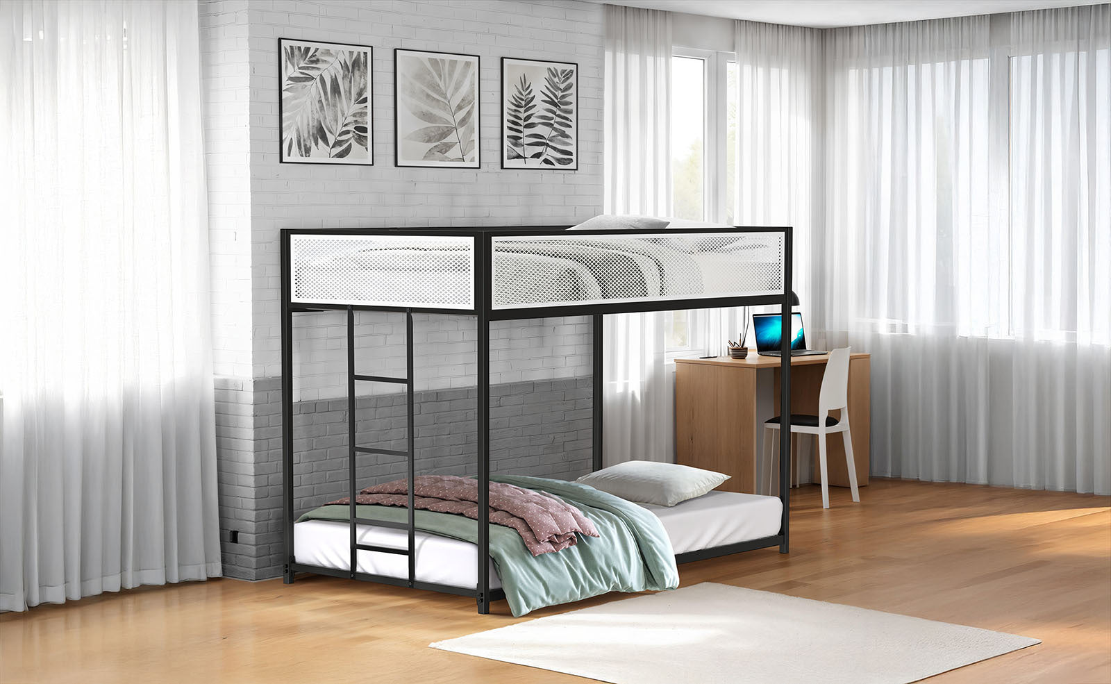 Twin Over Twin Metal Bunk Bed with Ladder - Black Finish