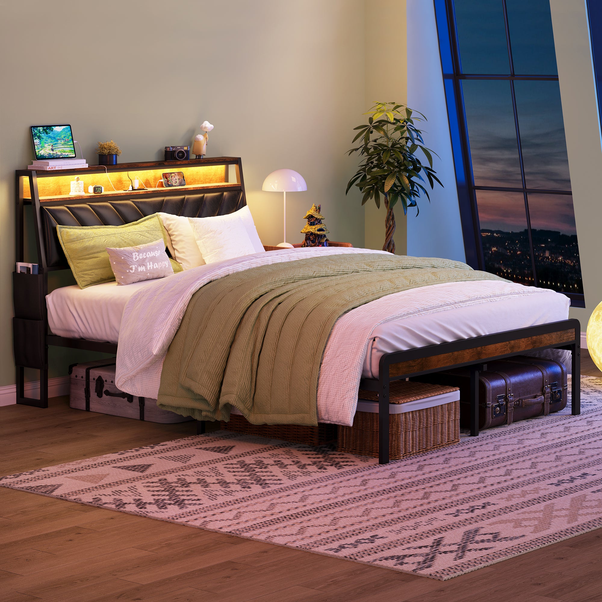 Queen Platform Bed Frame, Tilted Upholstered Headboard, LED, Charger