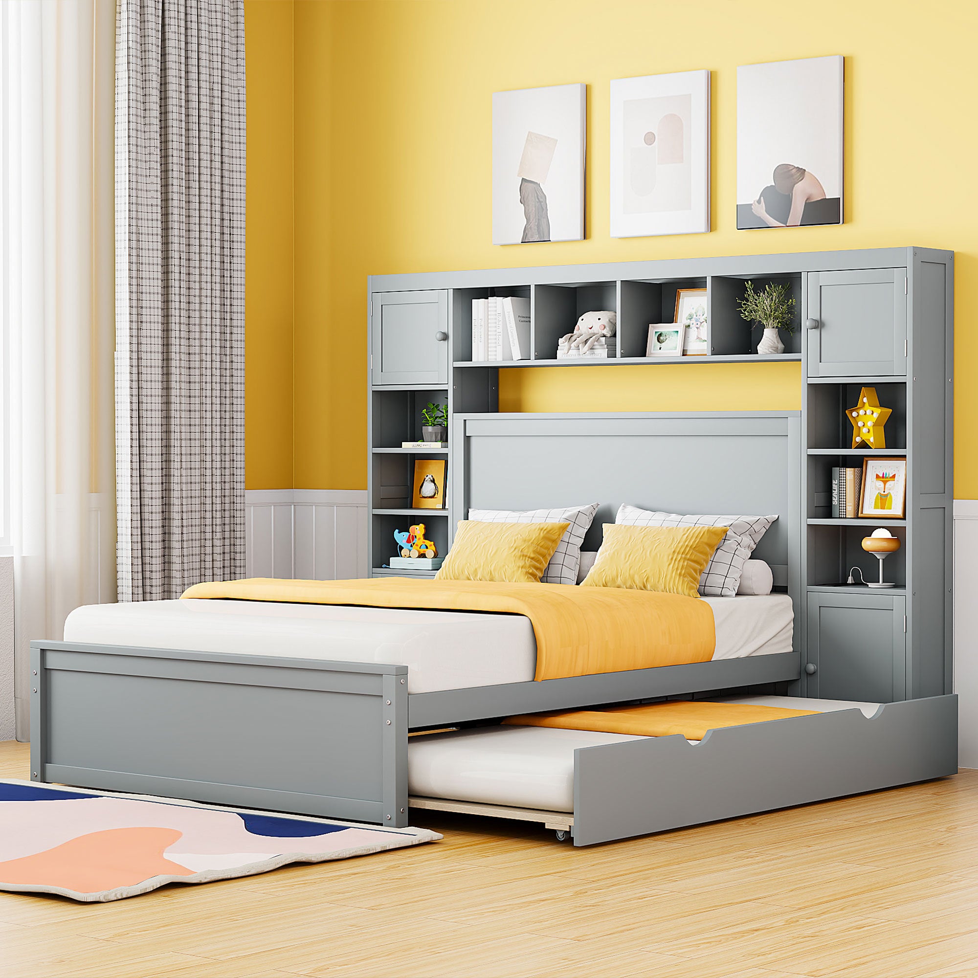 Gray Full Size Wooden Bed, Twin Trundle & All-in-One Storage