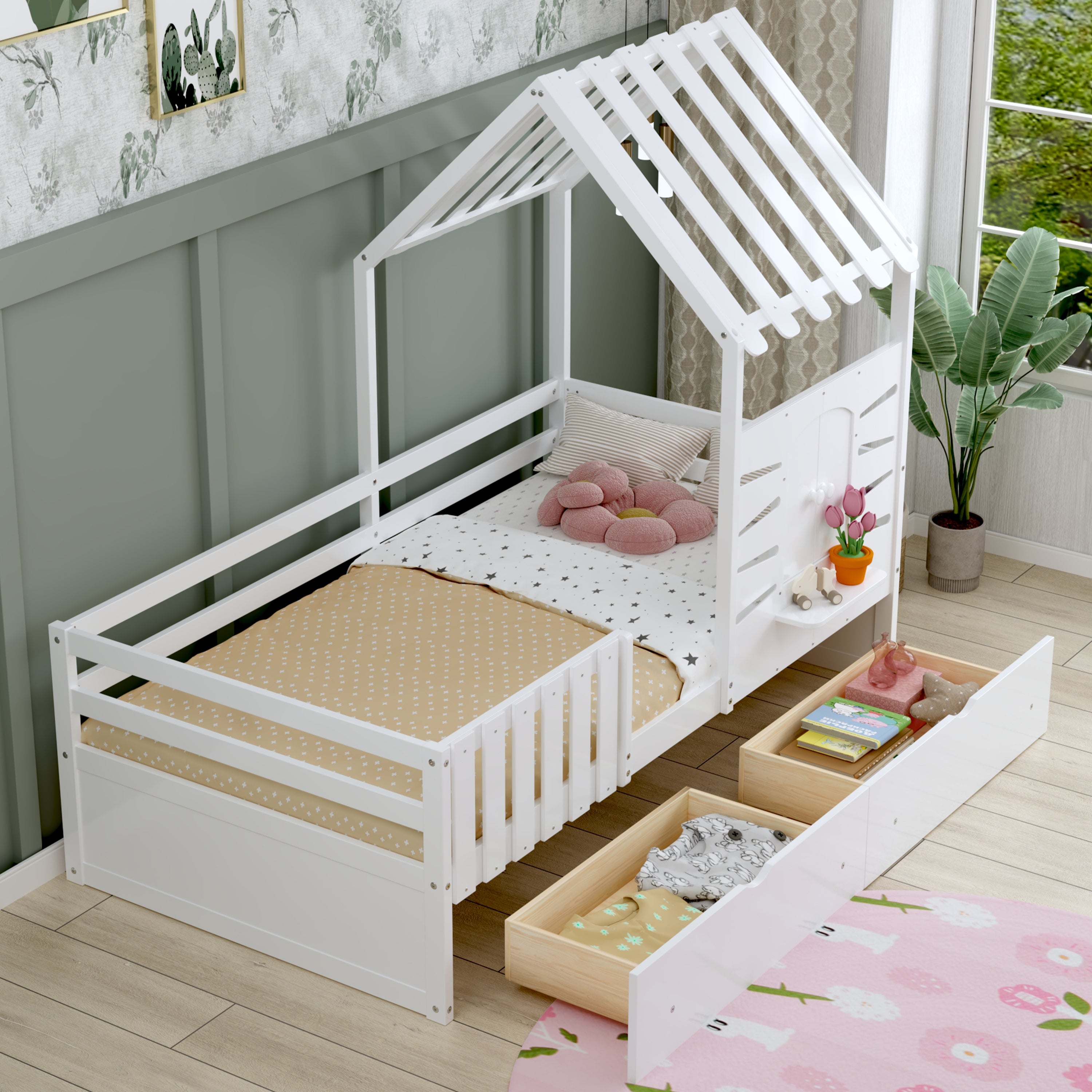 White Twin House Bed for Kids w/ Storage Drawers & Guardrails
