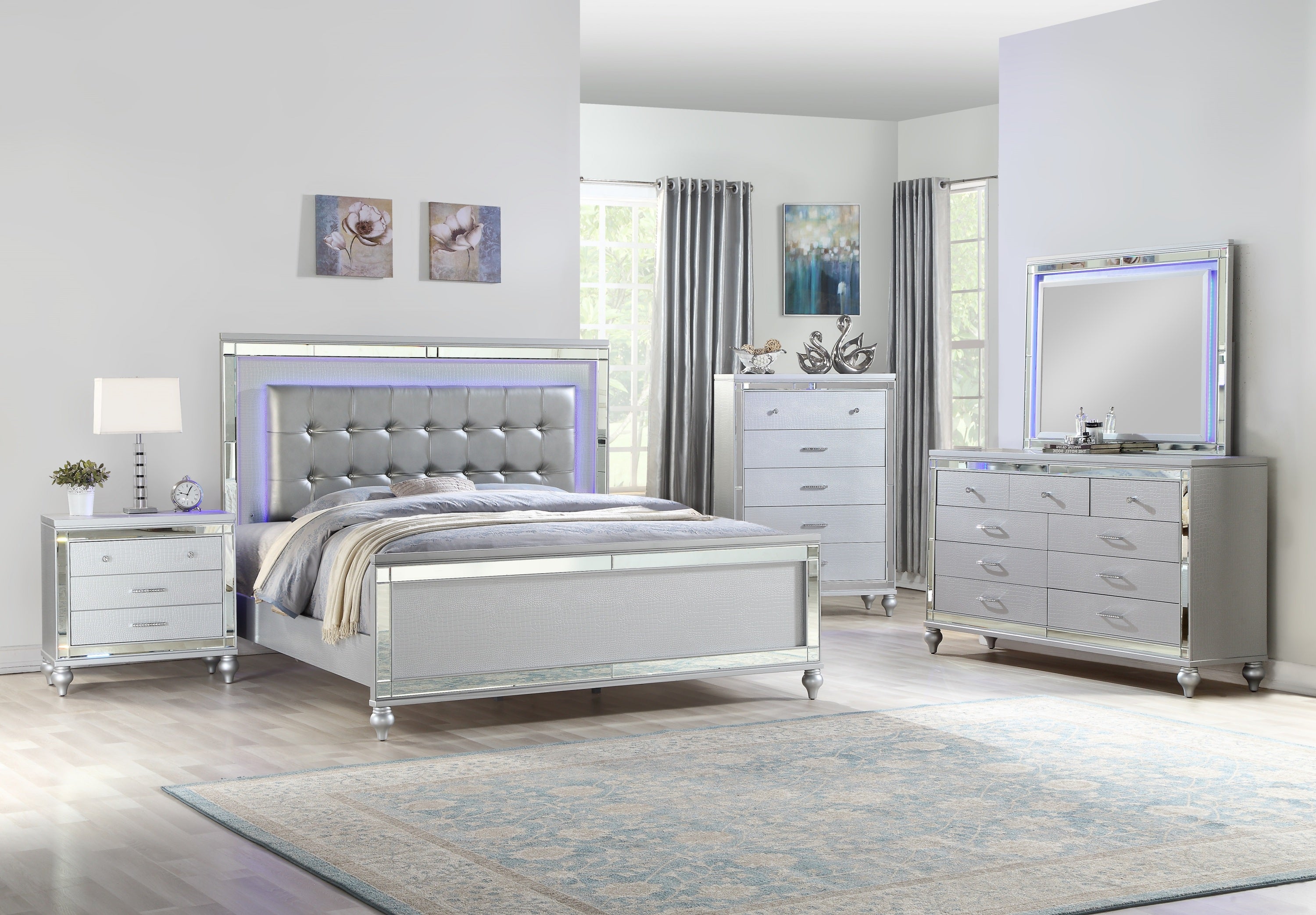Sterling Full 5PC LED Wood Bedroom Set - Silver Color NJ