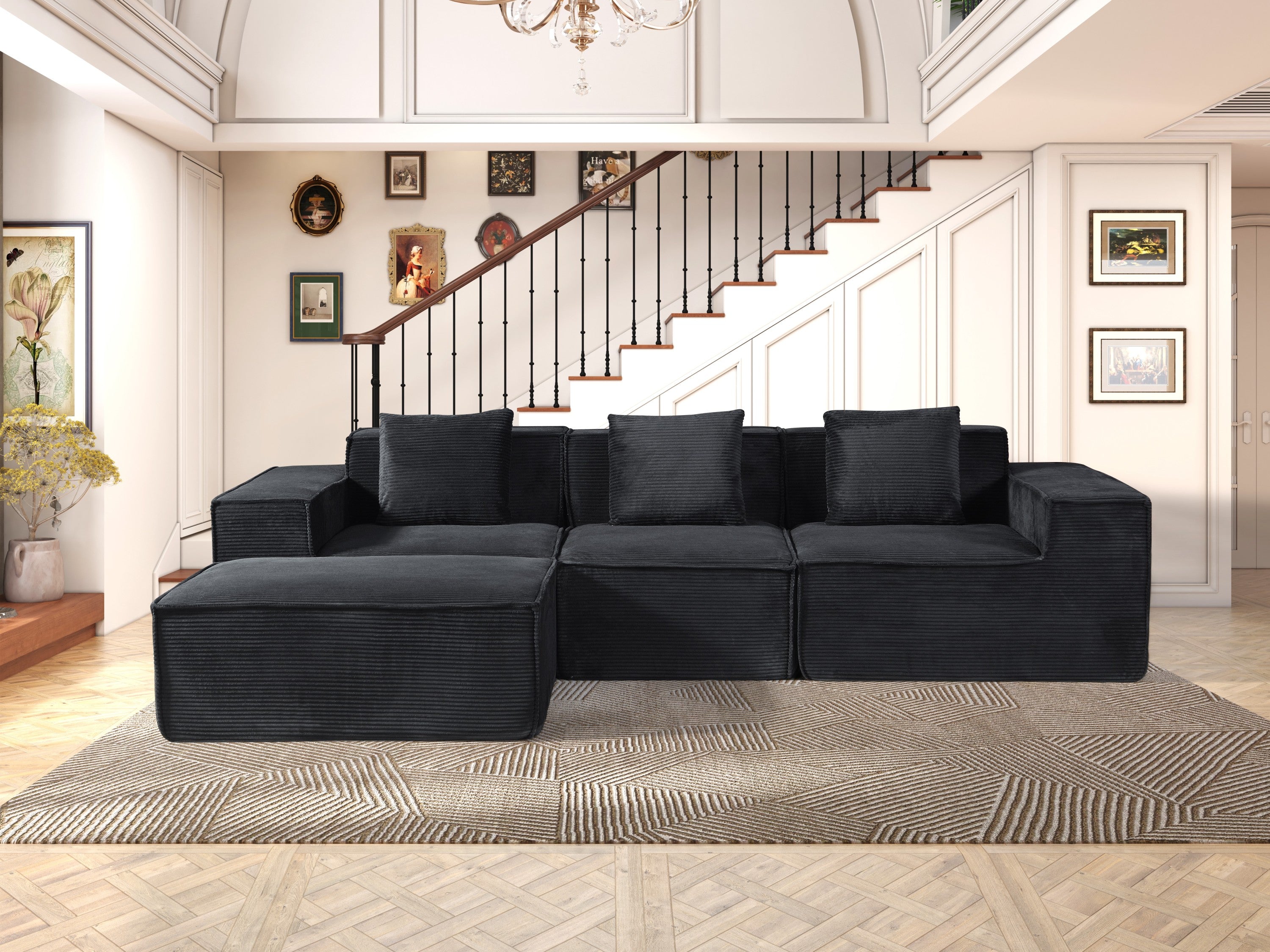 CozyForm Black Corduroy Modular Sectional Sleeper Sofa