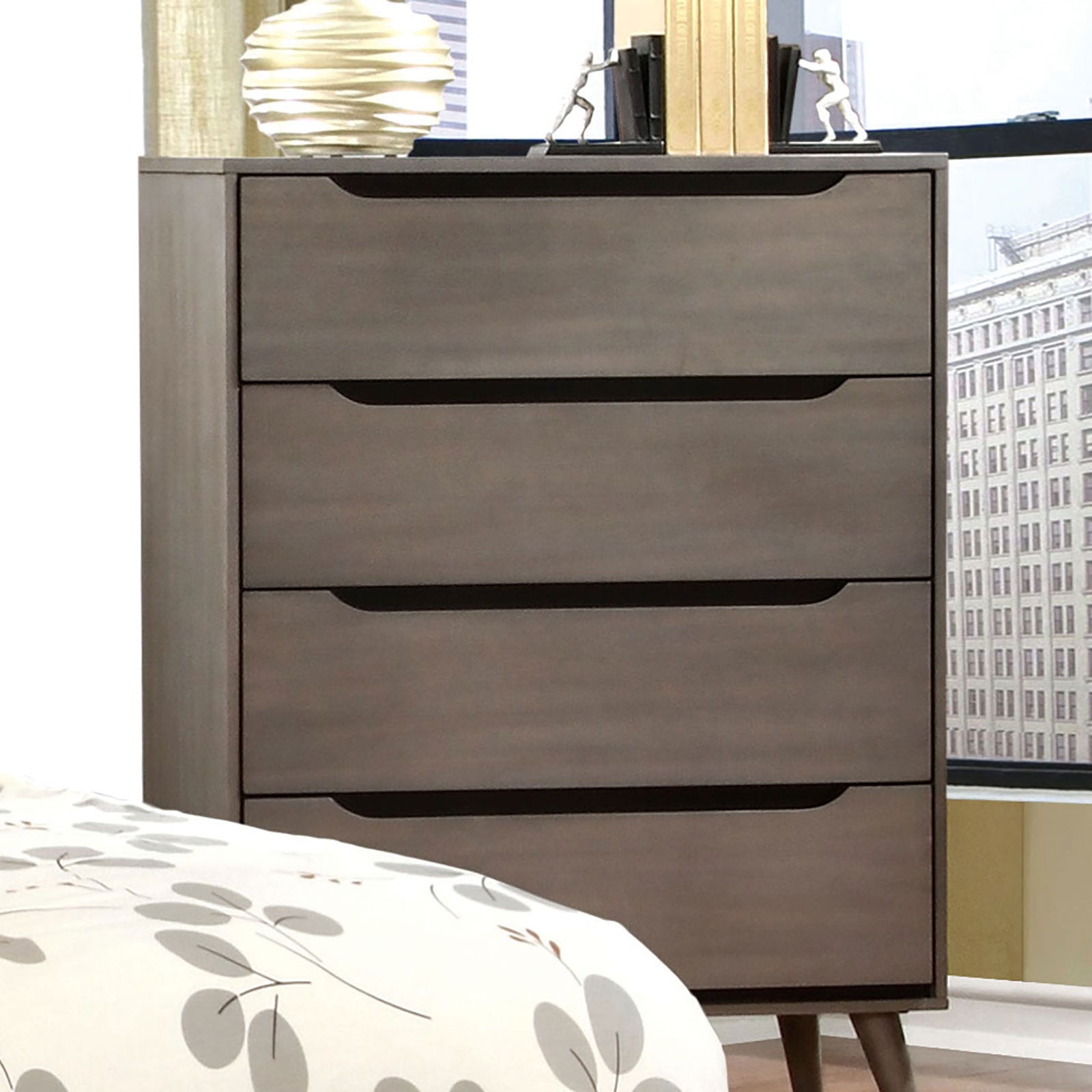 Modern Mid-Century Gray Chest: 4 Drawers, Tapered Legs
