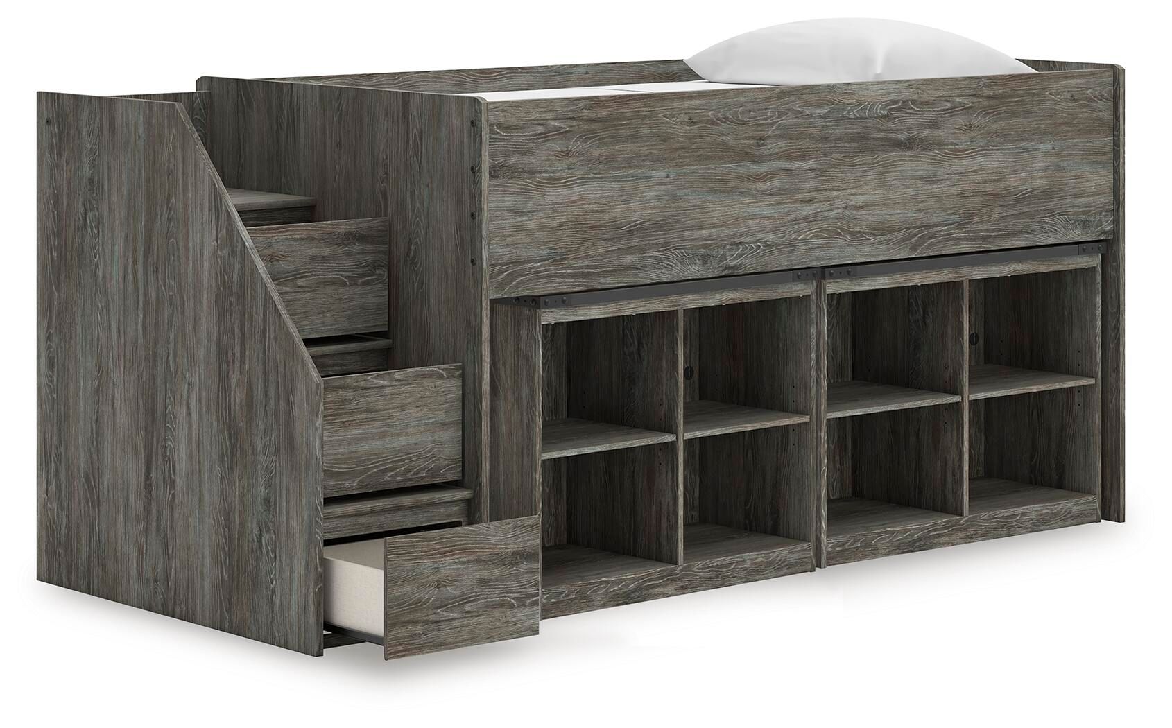 Gray loft bed with staircase steps and open cube shelving under bed