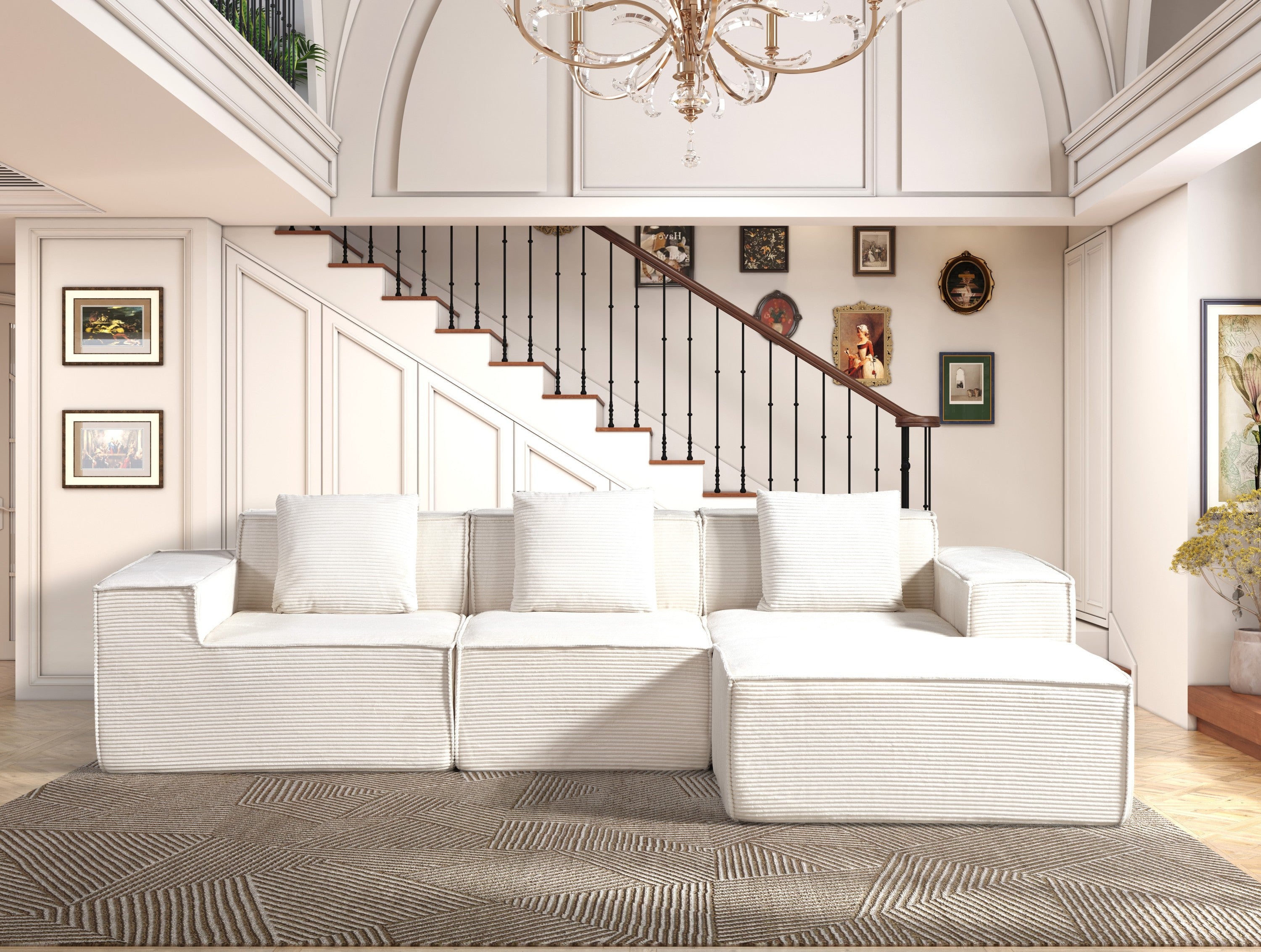 Beige Corduroy Modular Sleeper Sectional Sofa Cloud Couch