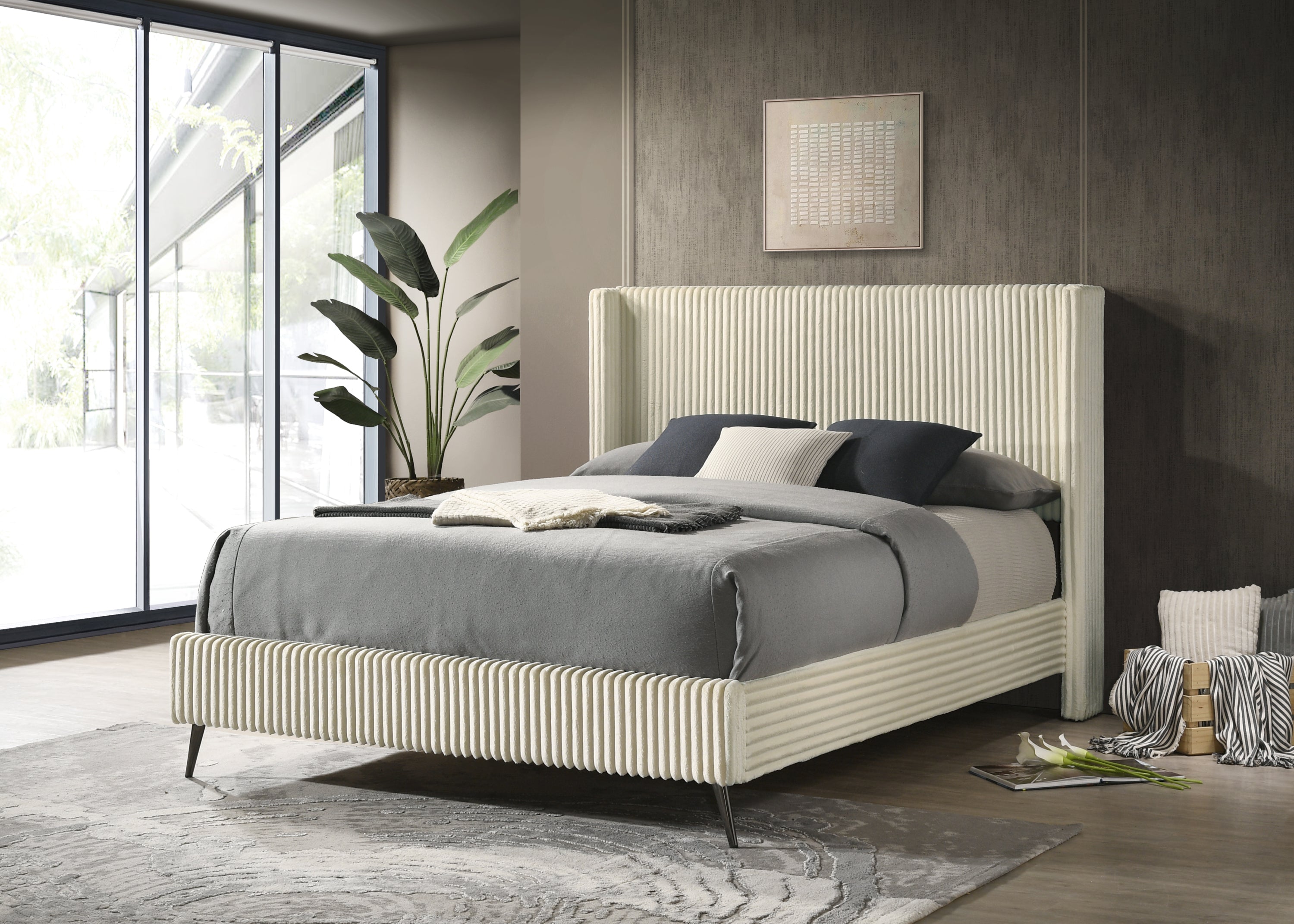 Mavela Cream Queen Bed: Wide Wale Corduroy Upholstery Panel