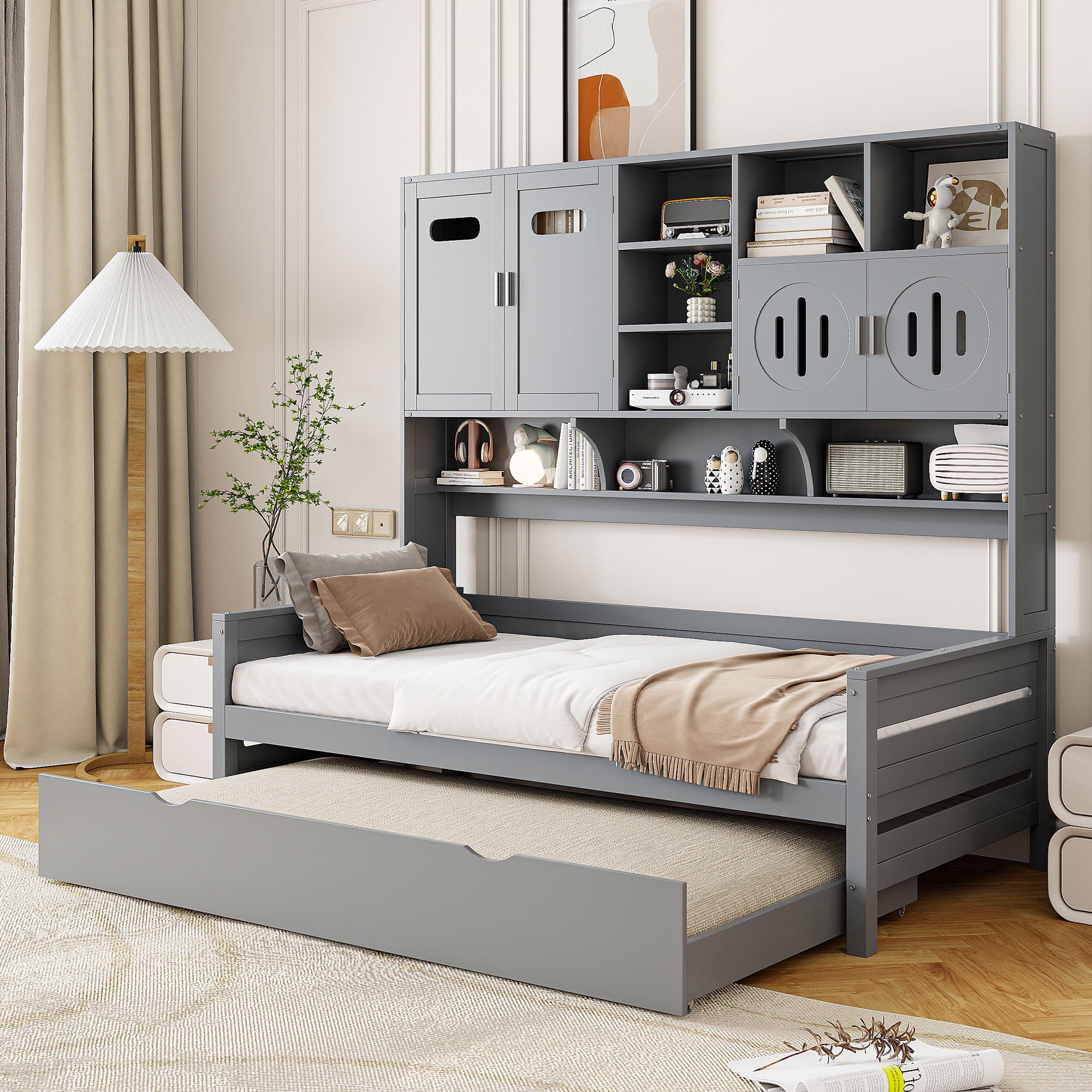 Twin Wooden Daybed with Trundle, Cabinet & Shelf, Gray