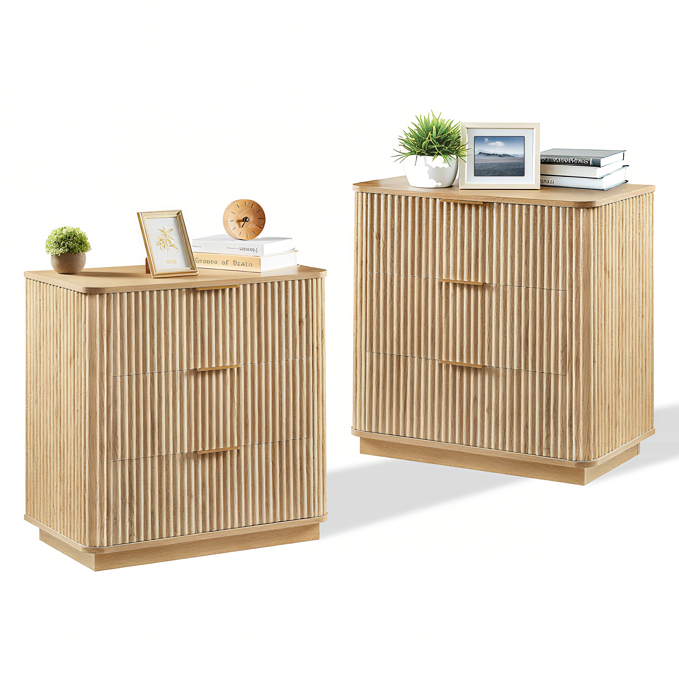 3-Drawer Modern Oak Dresser Nightstand (2PCS) Curved Wave