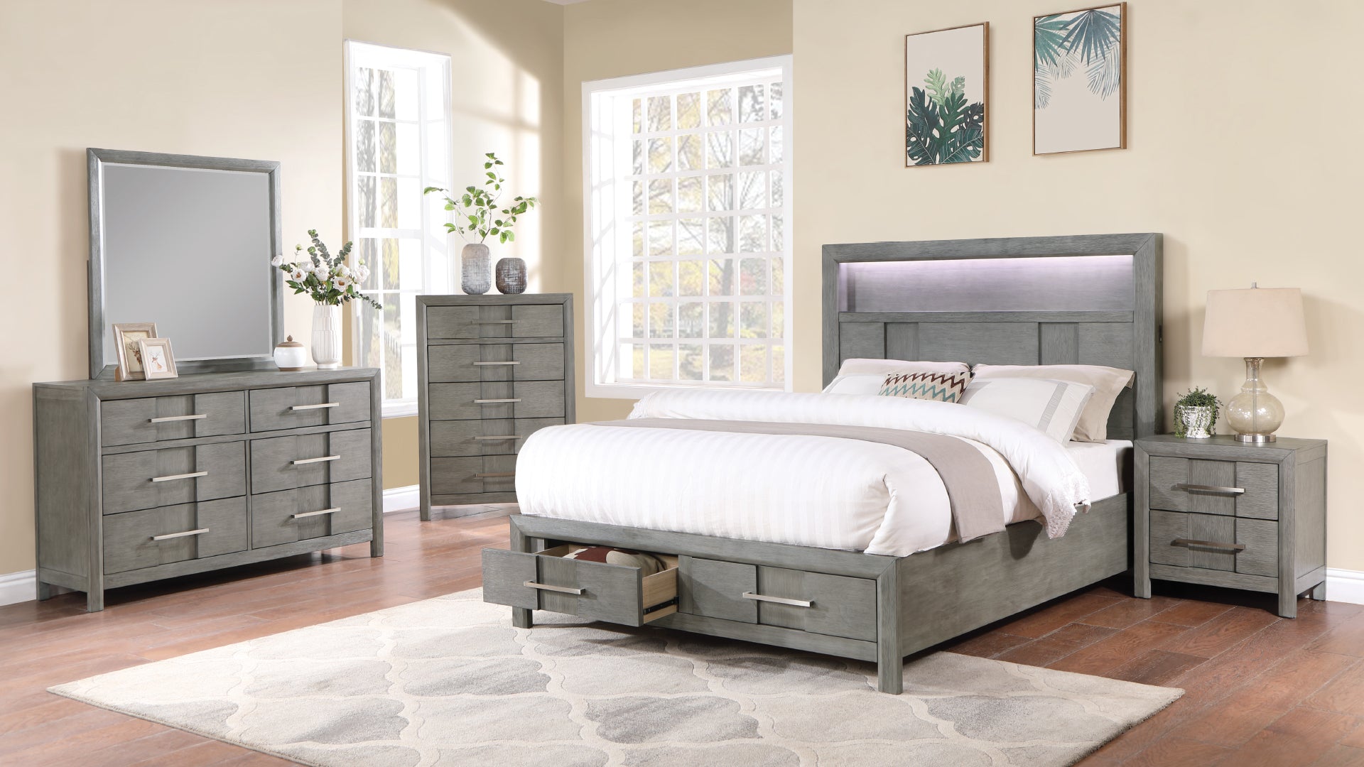KENZO Modern Full 5PC Storage Bedroom Set - LED, Bluetooth, USB, Grey