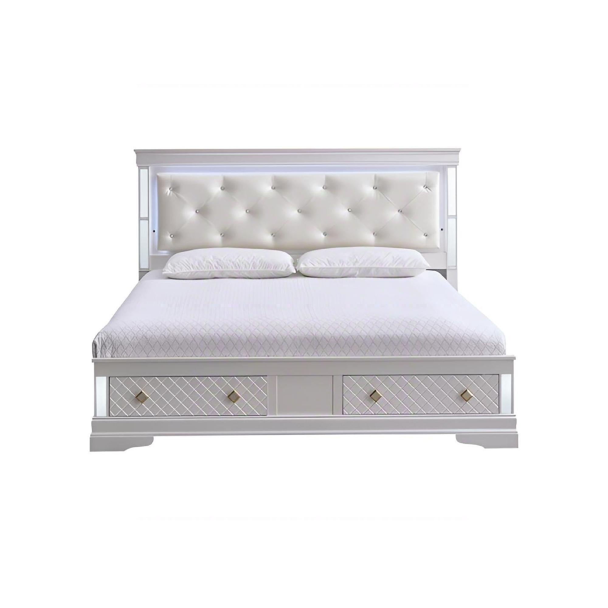 Verona G6735B-KSB King Bed: Pearl White, Tufted Upholstered LED Headboard