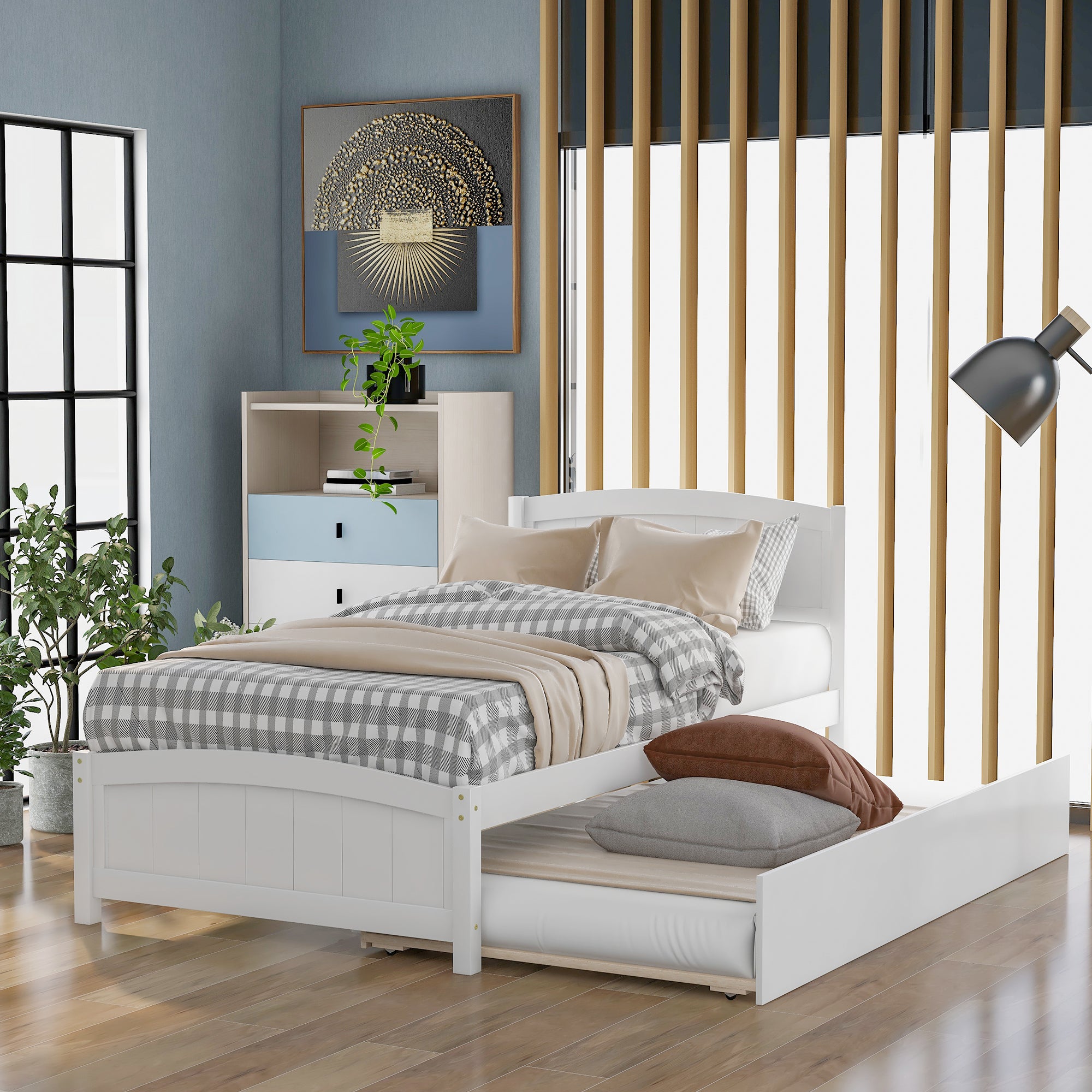 White Twin Platform Bed with Trundle - Space Saving Design