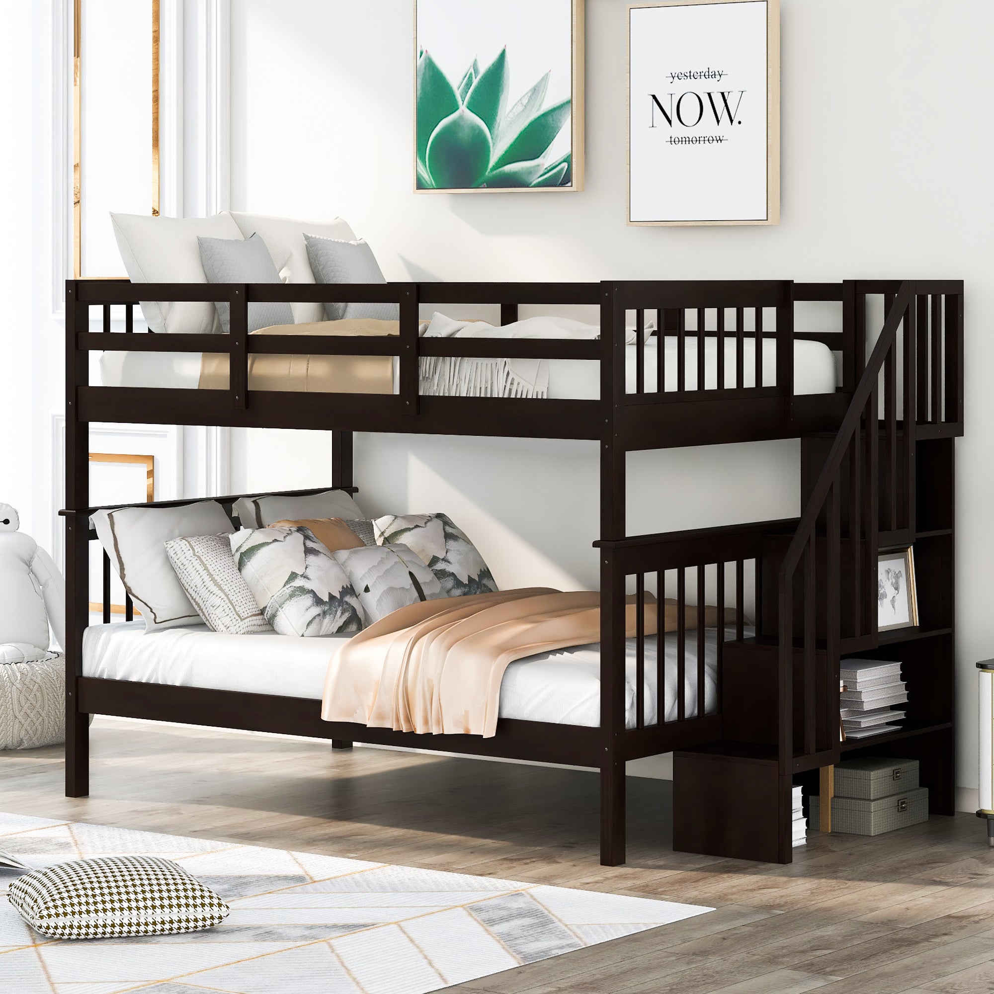 Stairway Full-Over-Full Bunk Bed w/ Storage, Guard Rail, Espresso