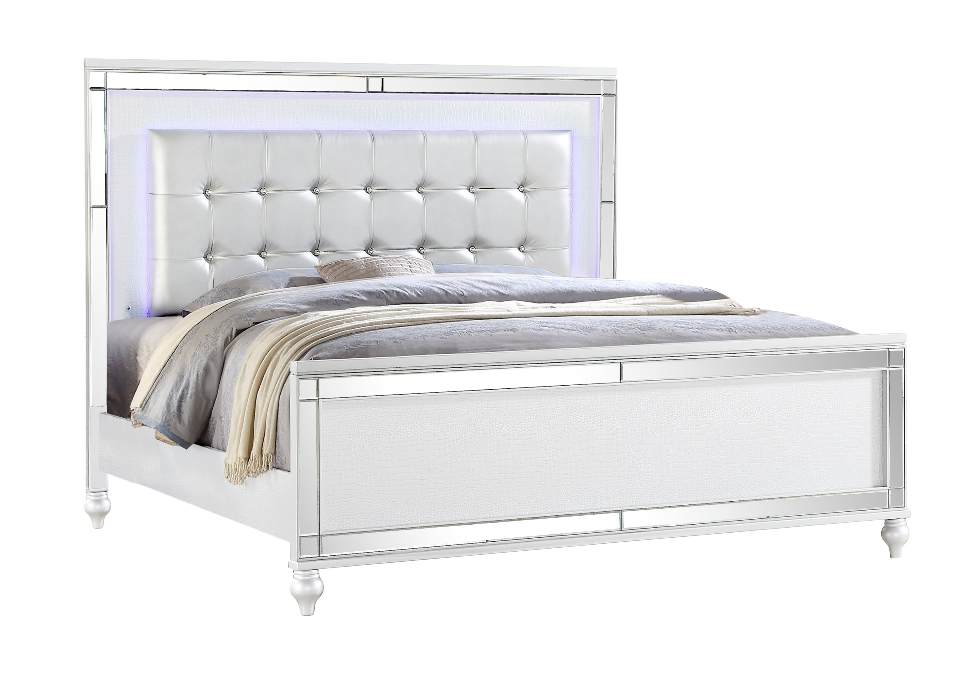 White Sterling King Size Upholstered LED Wood Bed (CA)