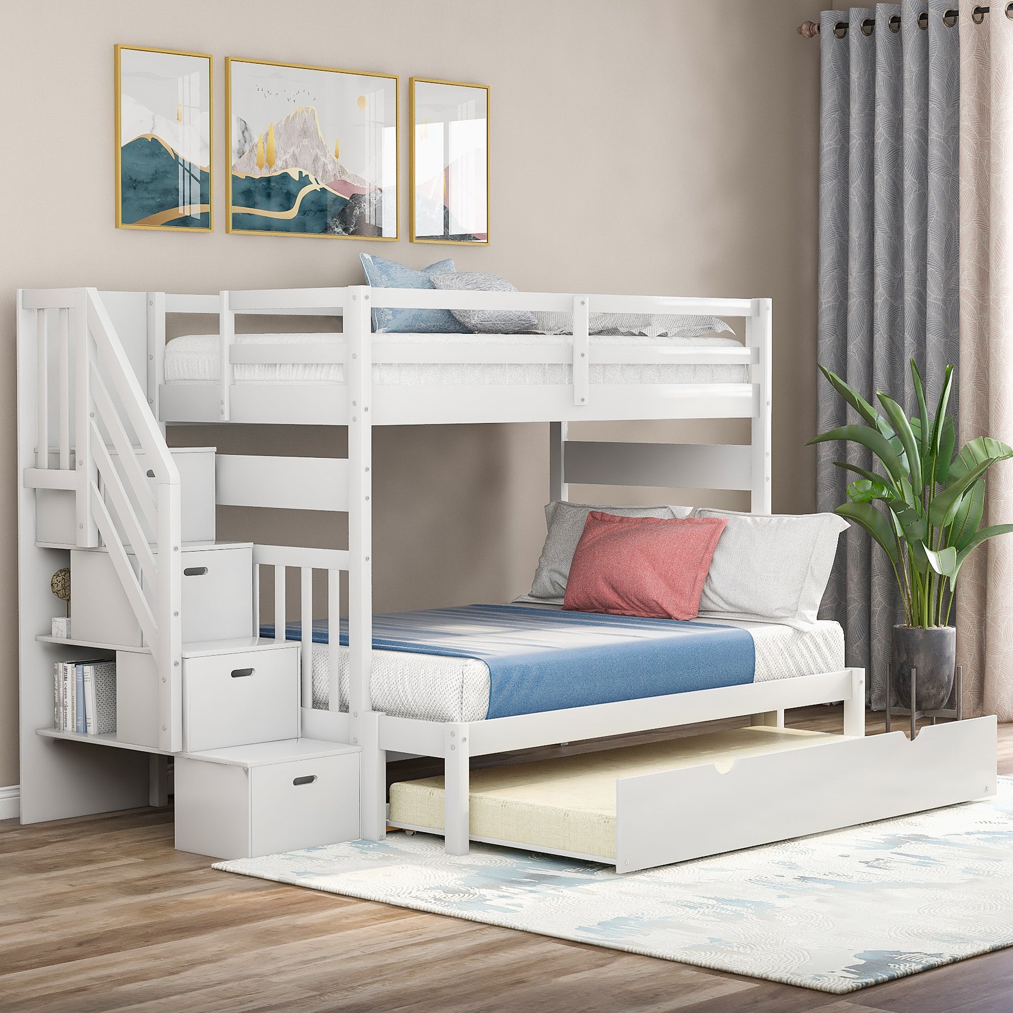 White Twin Over Twin/Full Bunk Bed with Twin Trundle