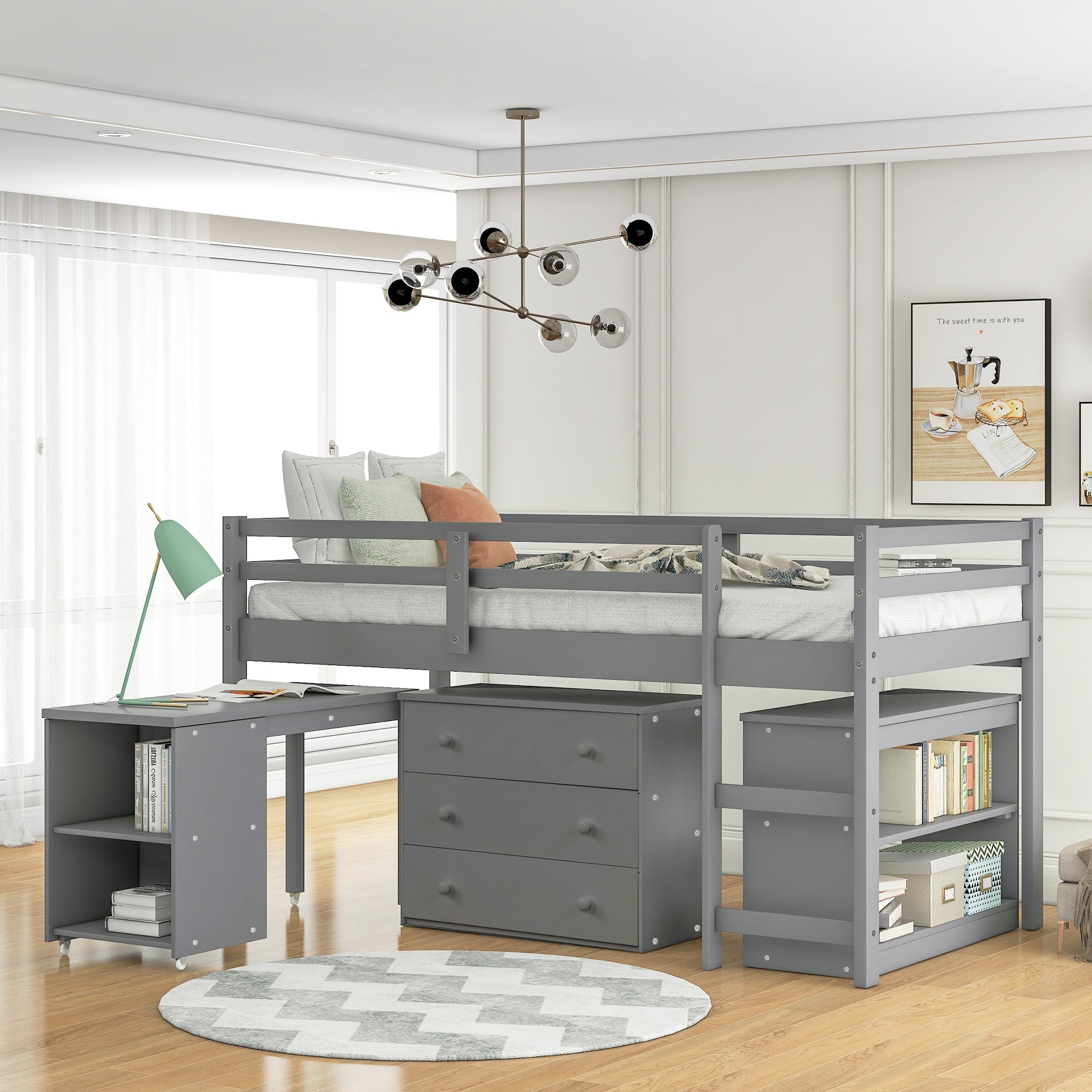 Gray Twin Loft Bed w/ Cabinet, Rolling Desk | Study & Sleep Solution