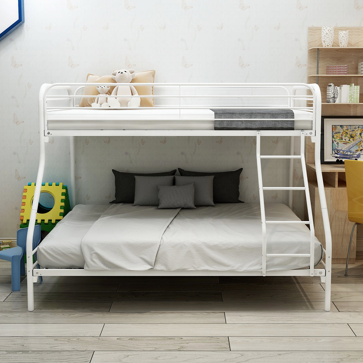 Heavy Duty Twin Over Full Metal Bunk Bed with Guardrail, White
