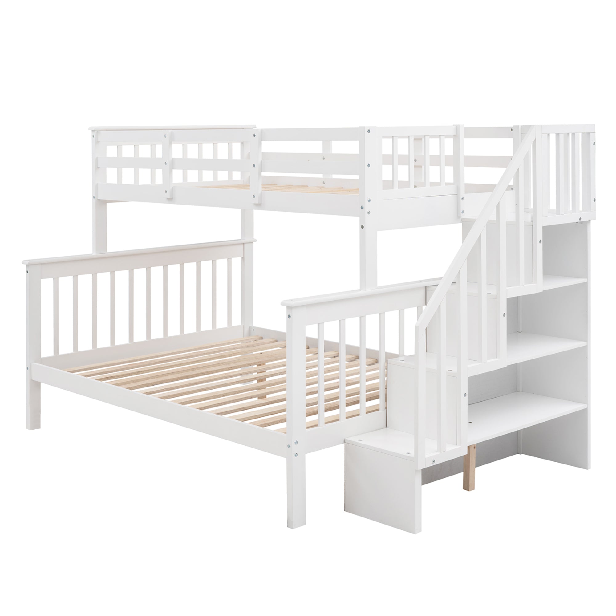 White Solid Wood Twin-Over-Full Stairway Bunk Bed with Storage