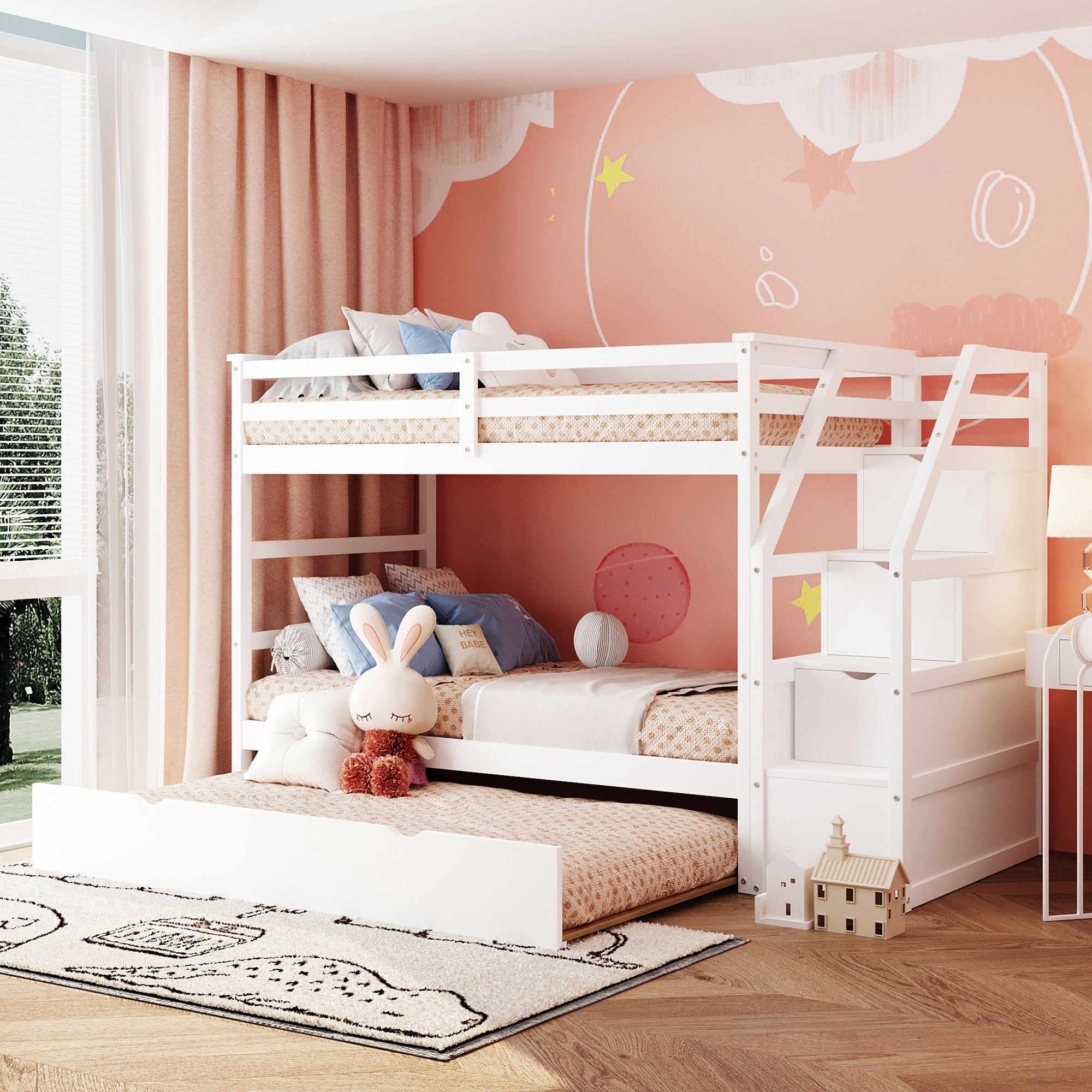 White Twin-Over-Twin Bunk Bed with Trundle & 3 Storage Stairs