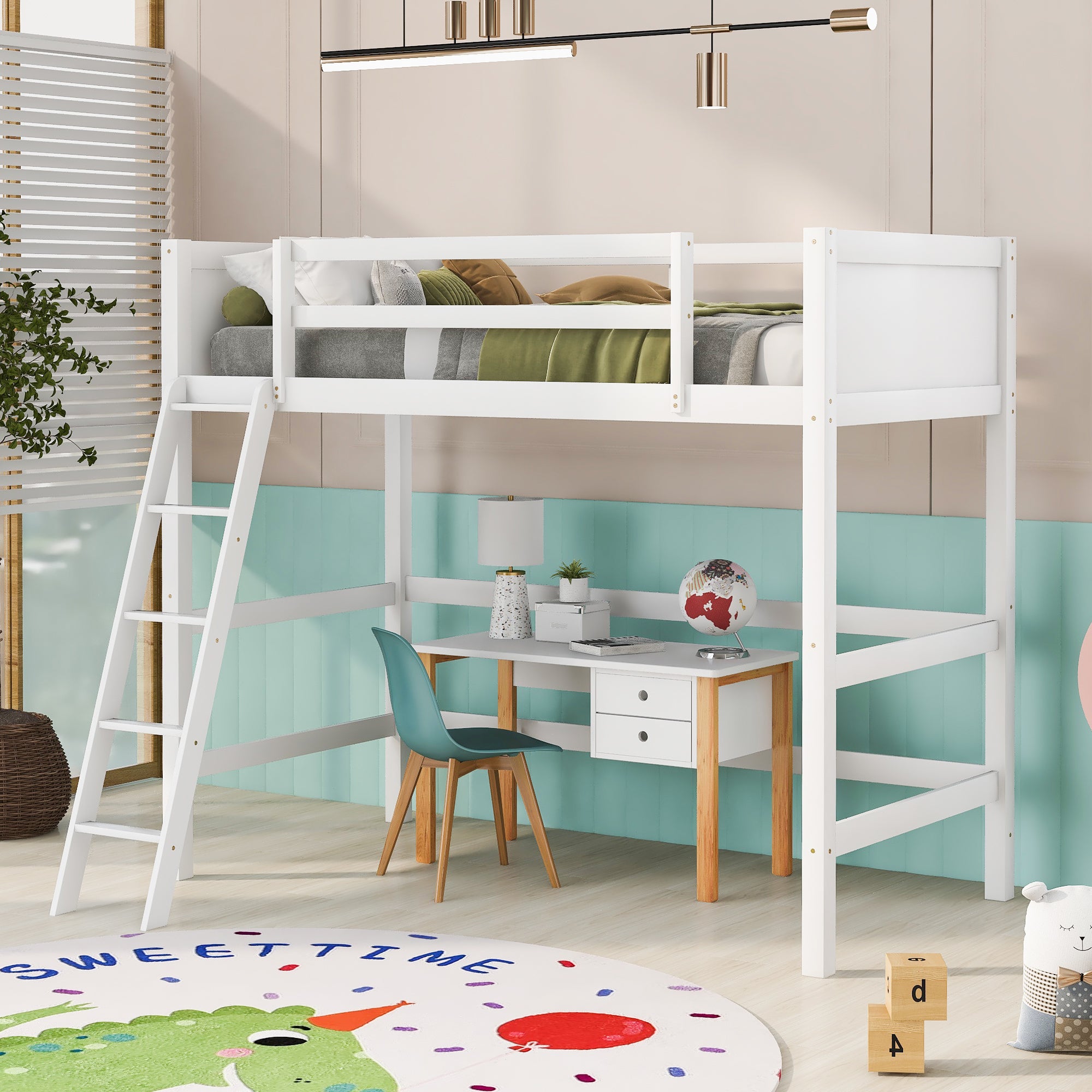 Solid Wood Twin Loft Bed with Ladder - White
