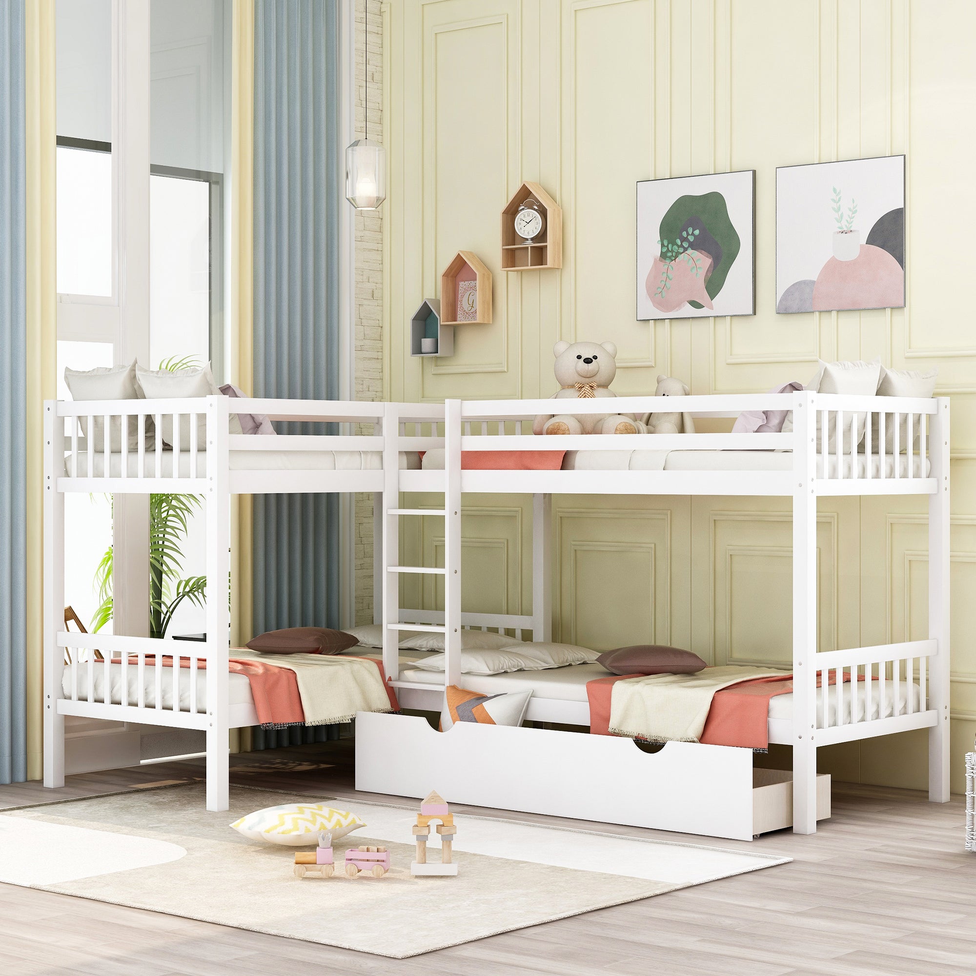 Gray Twin L-Shaped Bunk Bed with Storage Drawers & Space-Saving Design