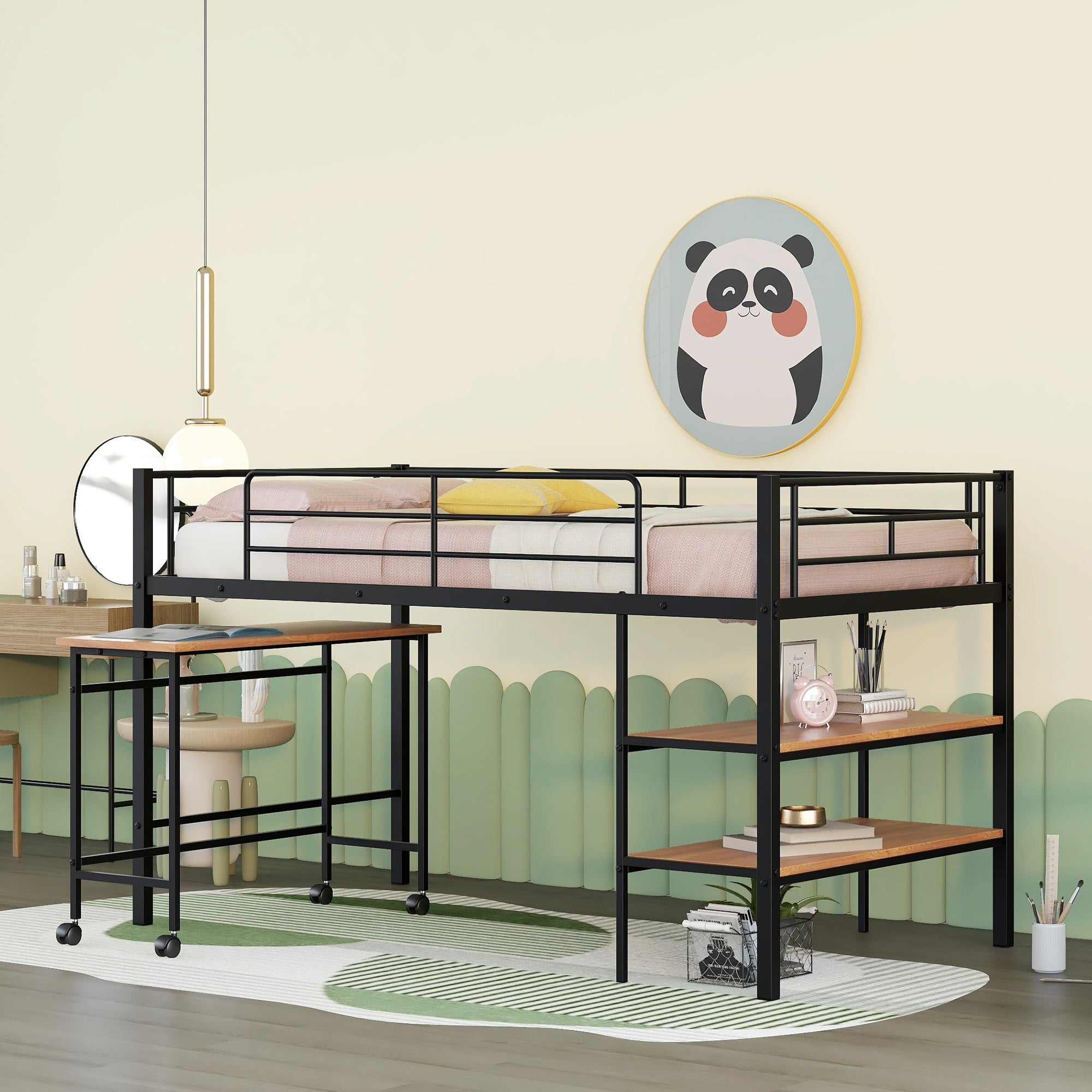 Twin Size Black Metal Loft Bed with Desk & Shelves