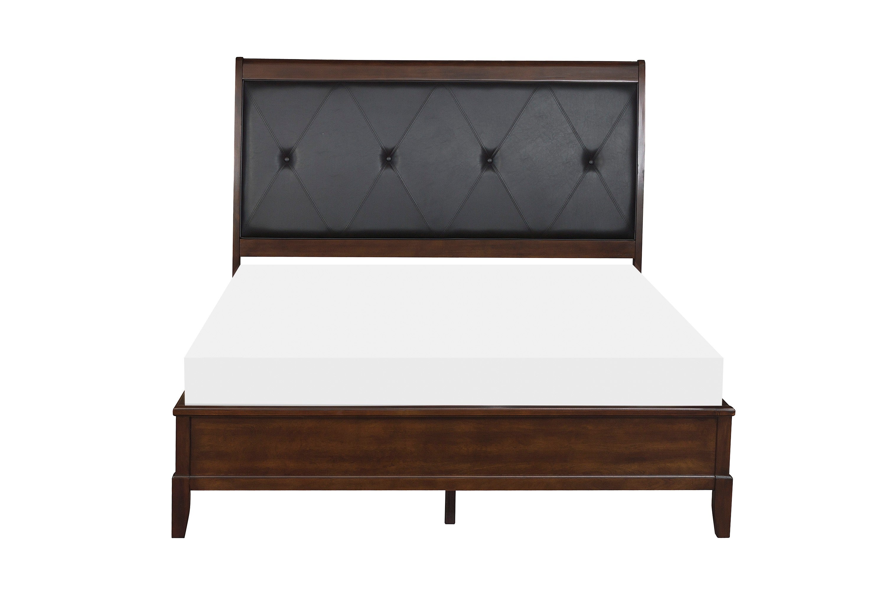 Dark Cherry Queen Sleigh Bed with Button-Tufted Faux-Leather Headboard