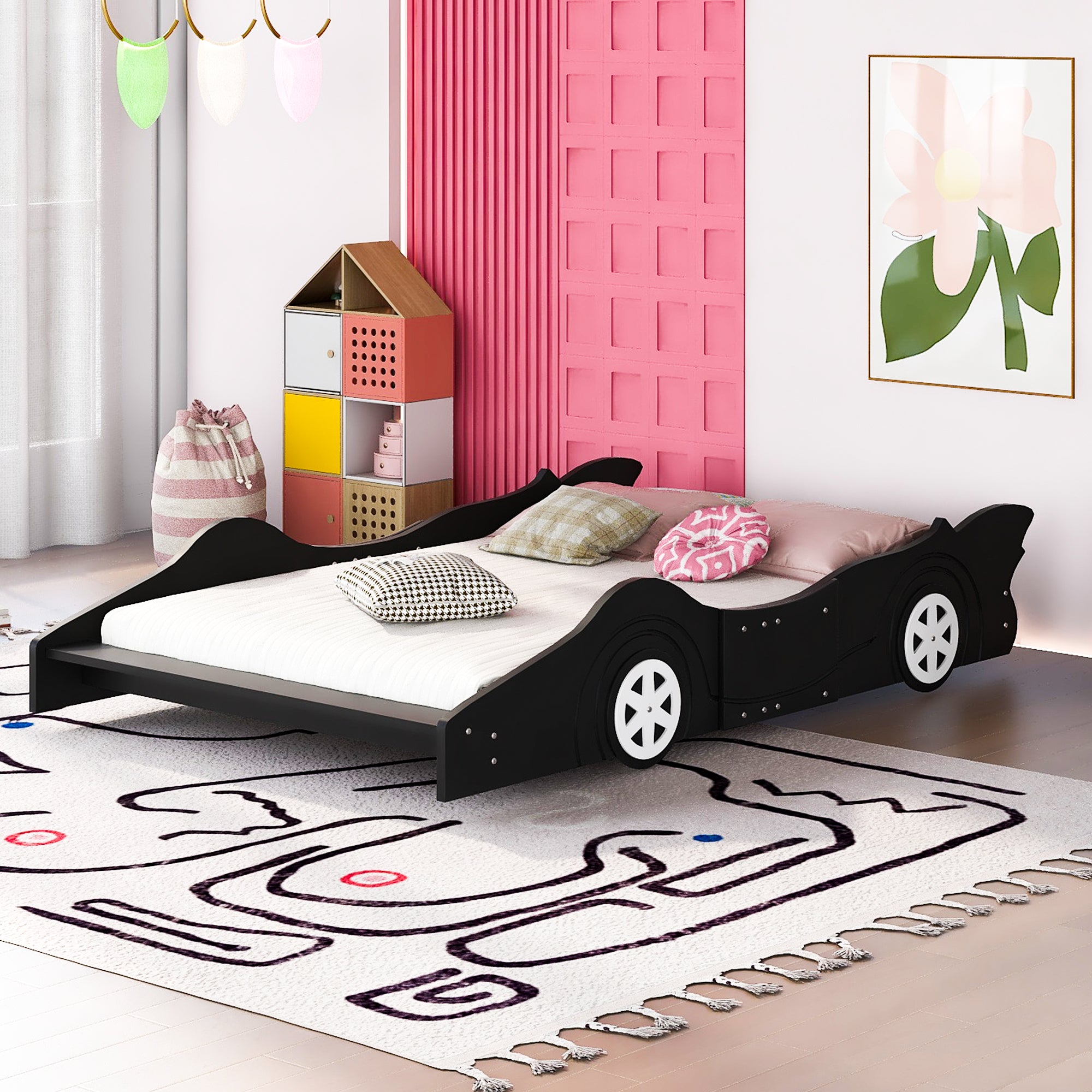 Black Full Size Race Car Bed with Wheels: Modern & Sleek