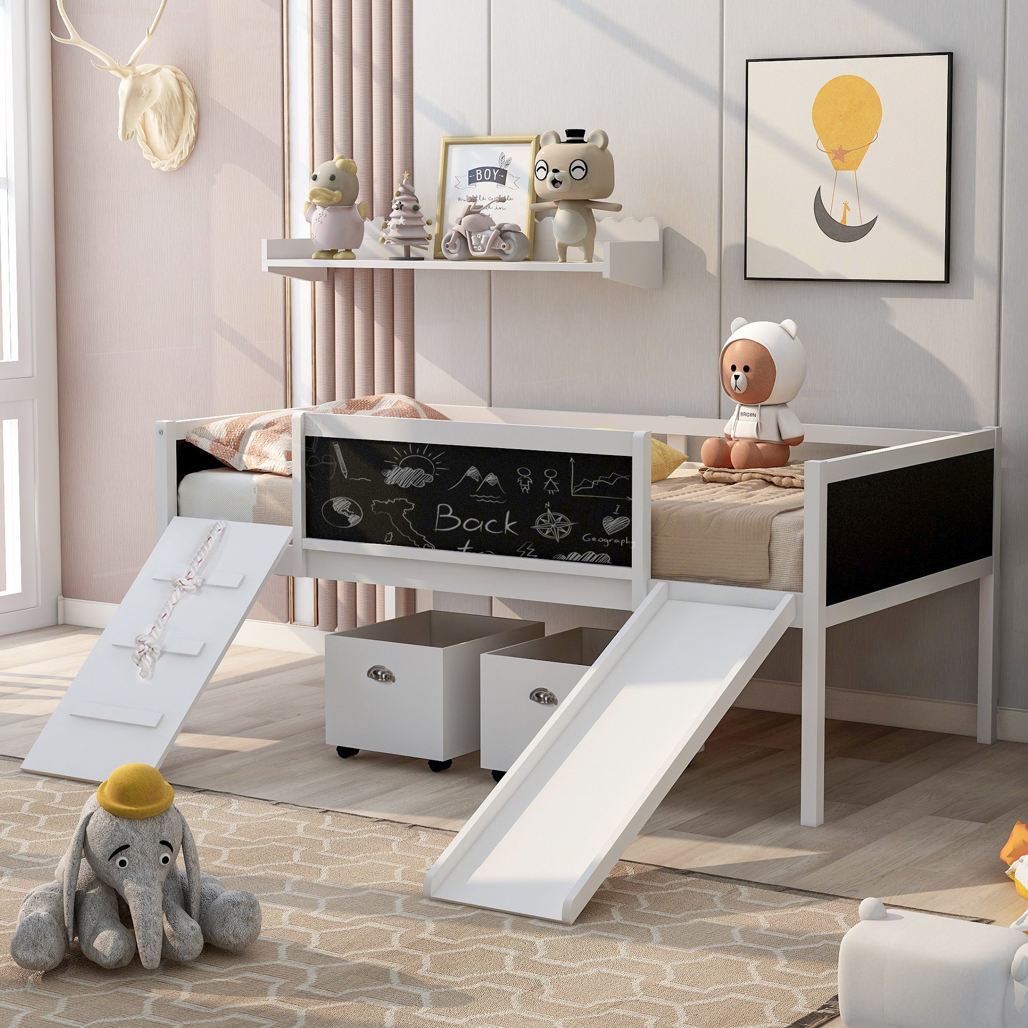 Twin White Wood Loft Bed with Storage Boxes - Space-Saving Design