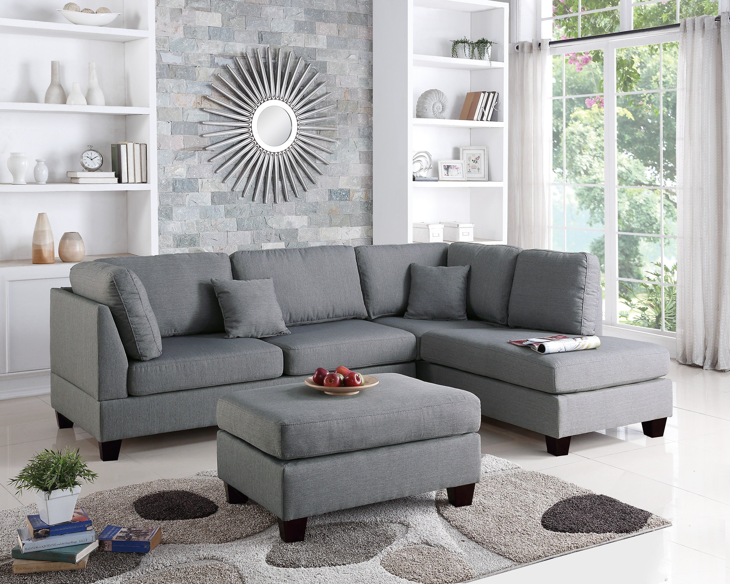 Grey 3pc Sectional Sofa with Reversible Chaise & Ottoman