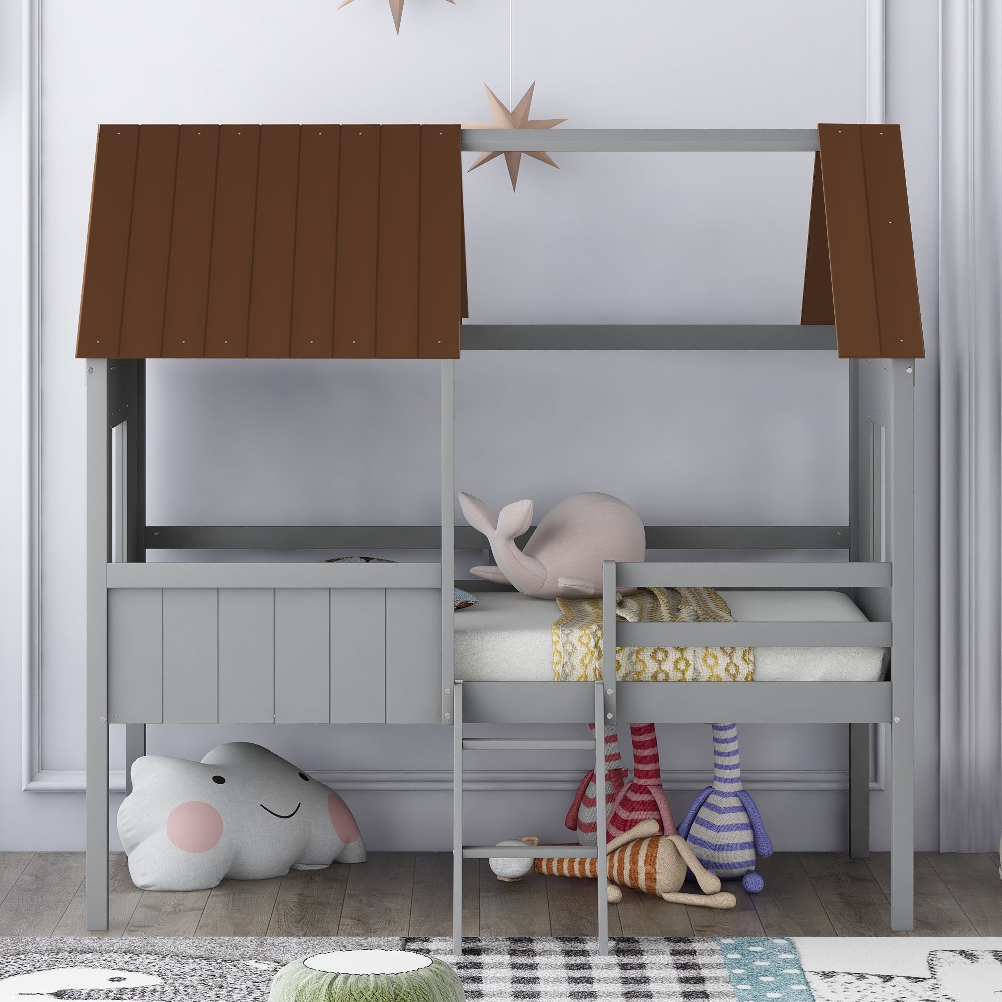 Twin Low Loft House Bed for Kids: Wood, Gray/Brown, Windows