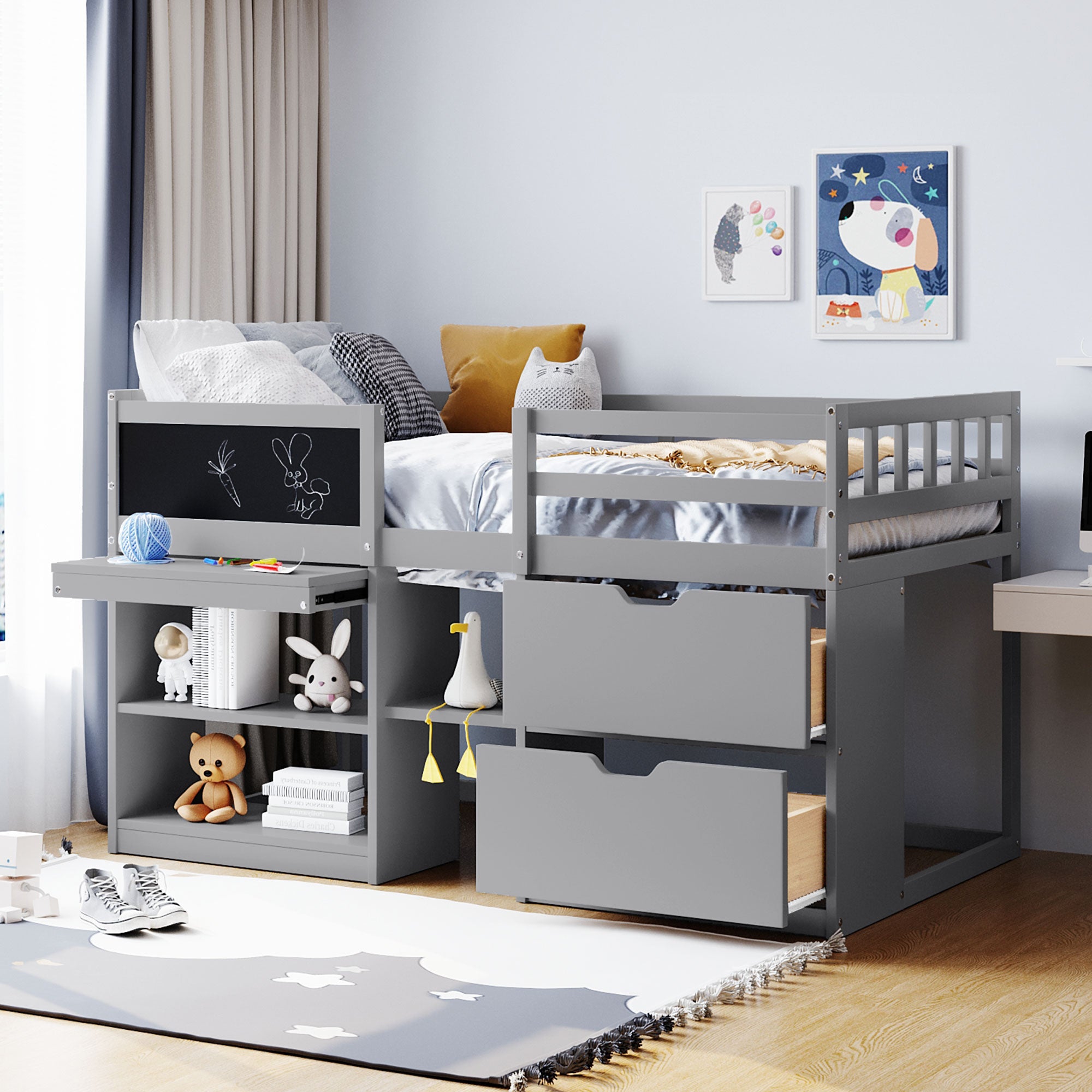 Twin Low Loft Bed with Desk, Shelf & Drawers - Gray Space Saving