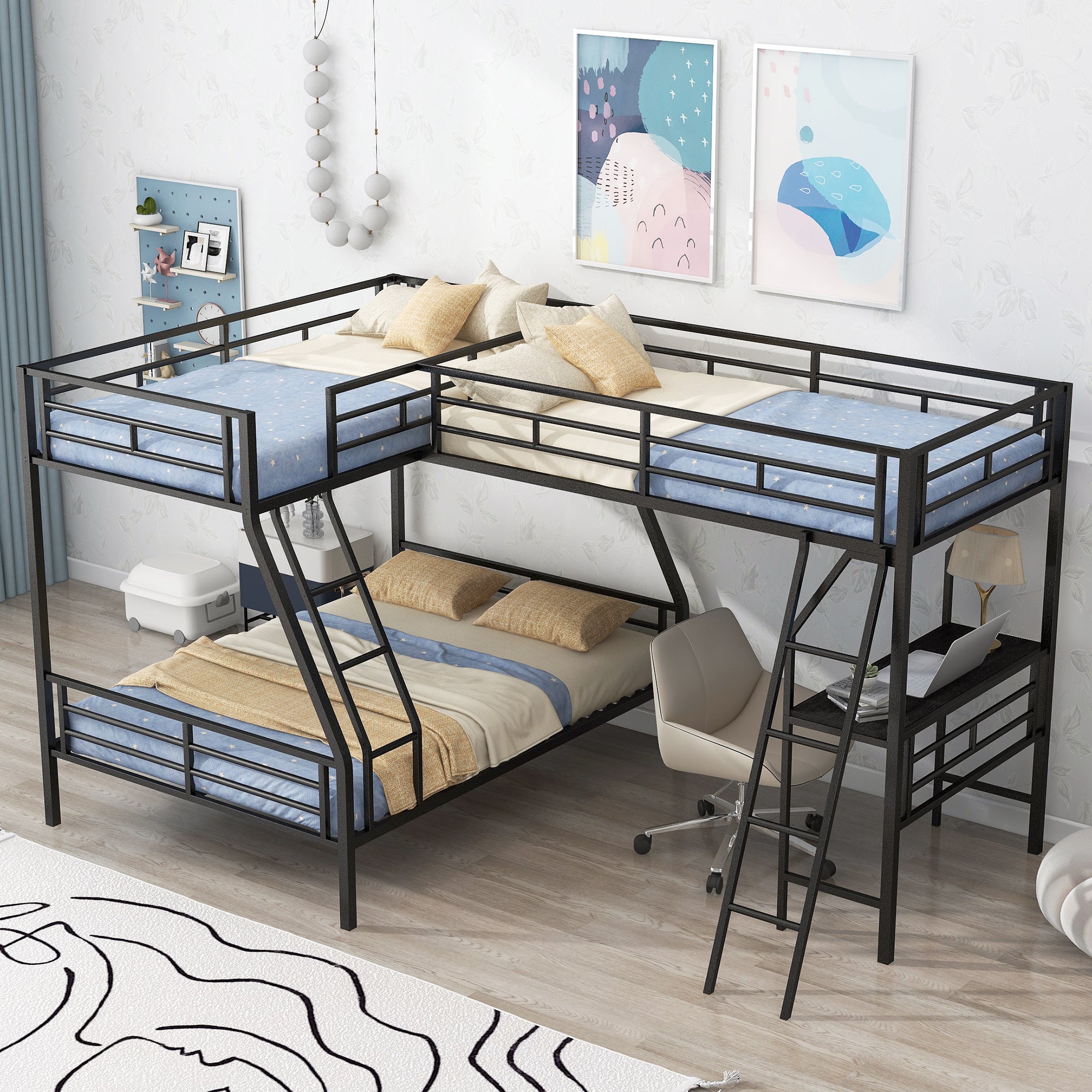 Black Twin over Full Bunk Bed with Twin Loft & Desk, Metal