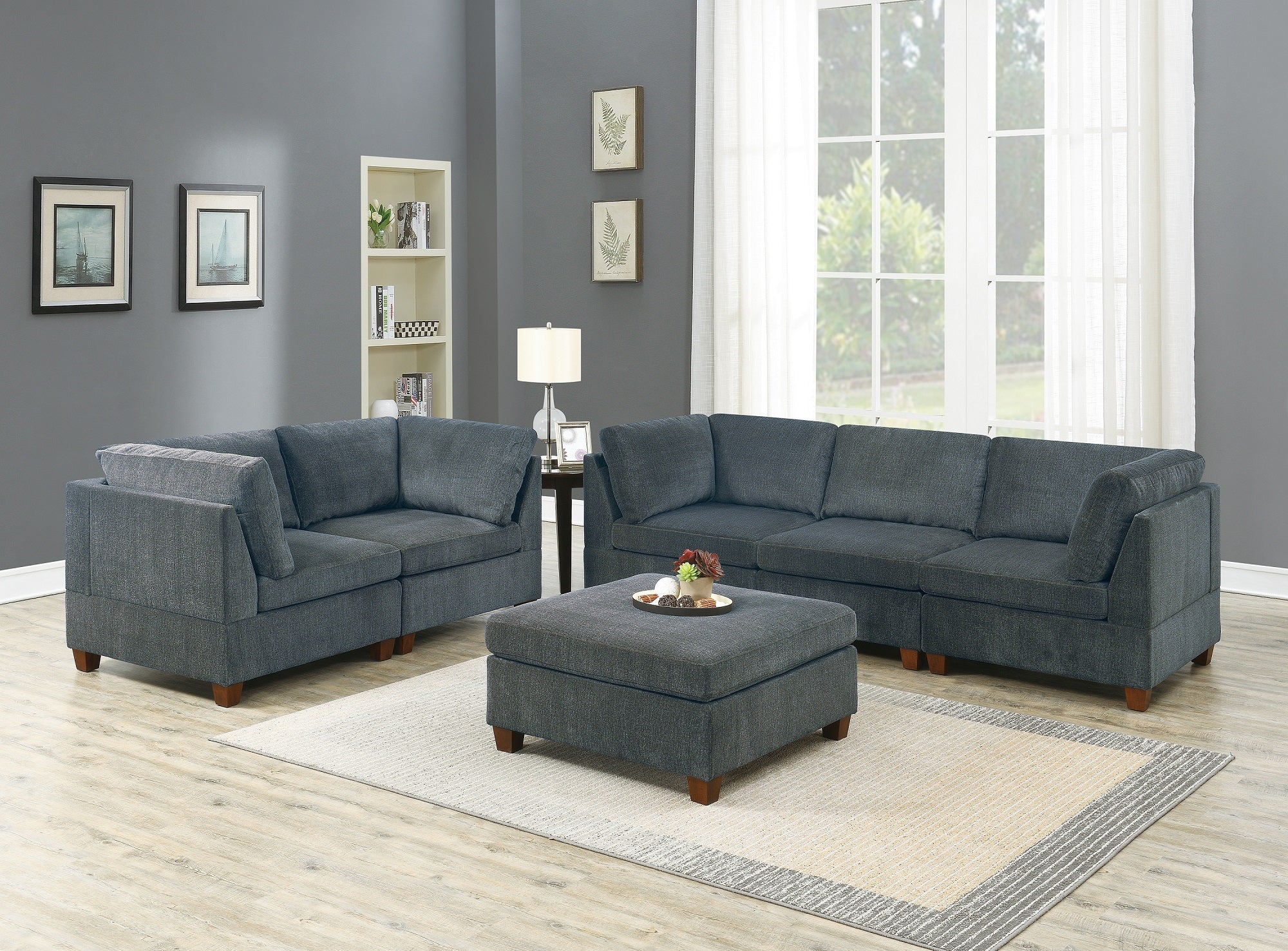 Modern Grey Chenille 6pc Modular Living Room Sofa Set