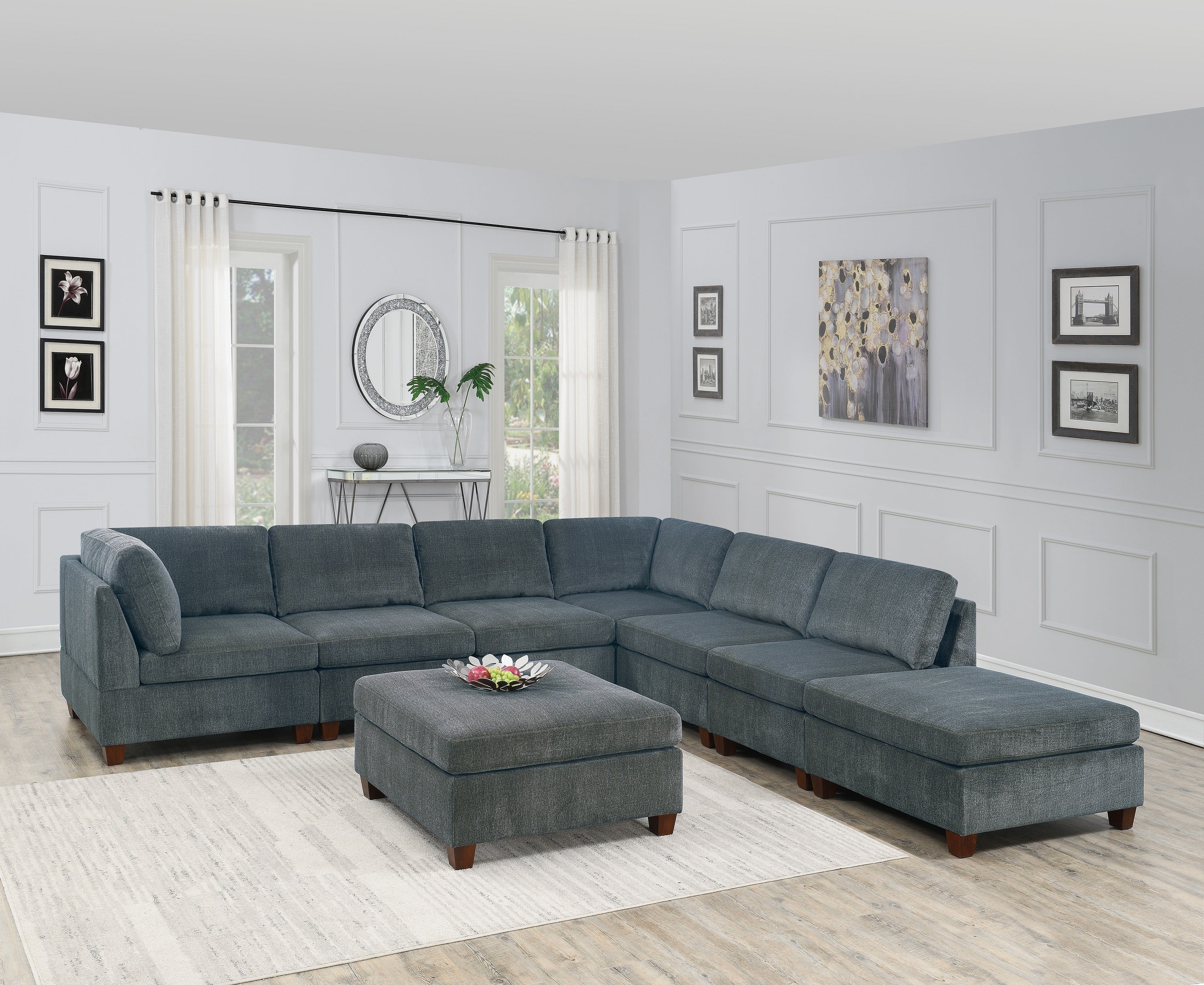 Large Grey Chenille Modular L-Sectional Sofa 8pc Set