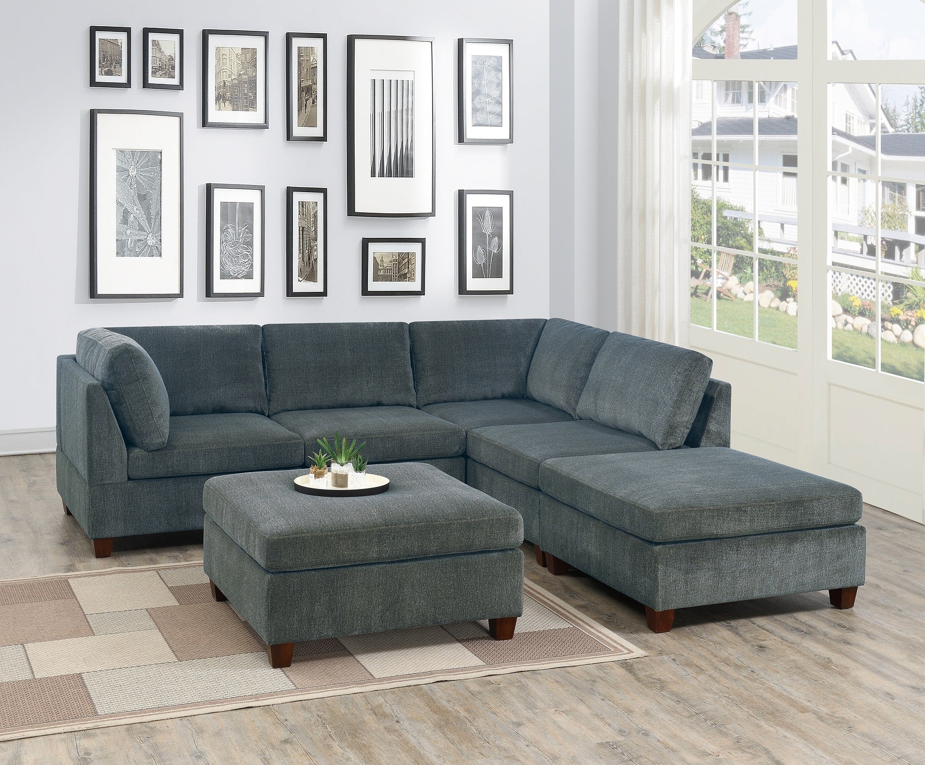 Living Room Grey Chenille Modular 6pc Sectional Sofa