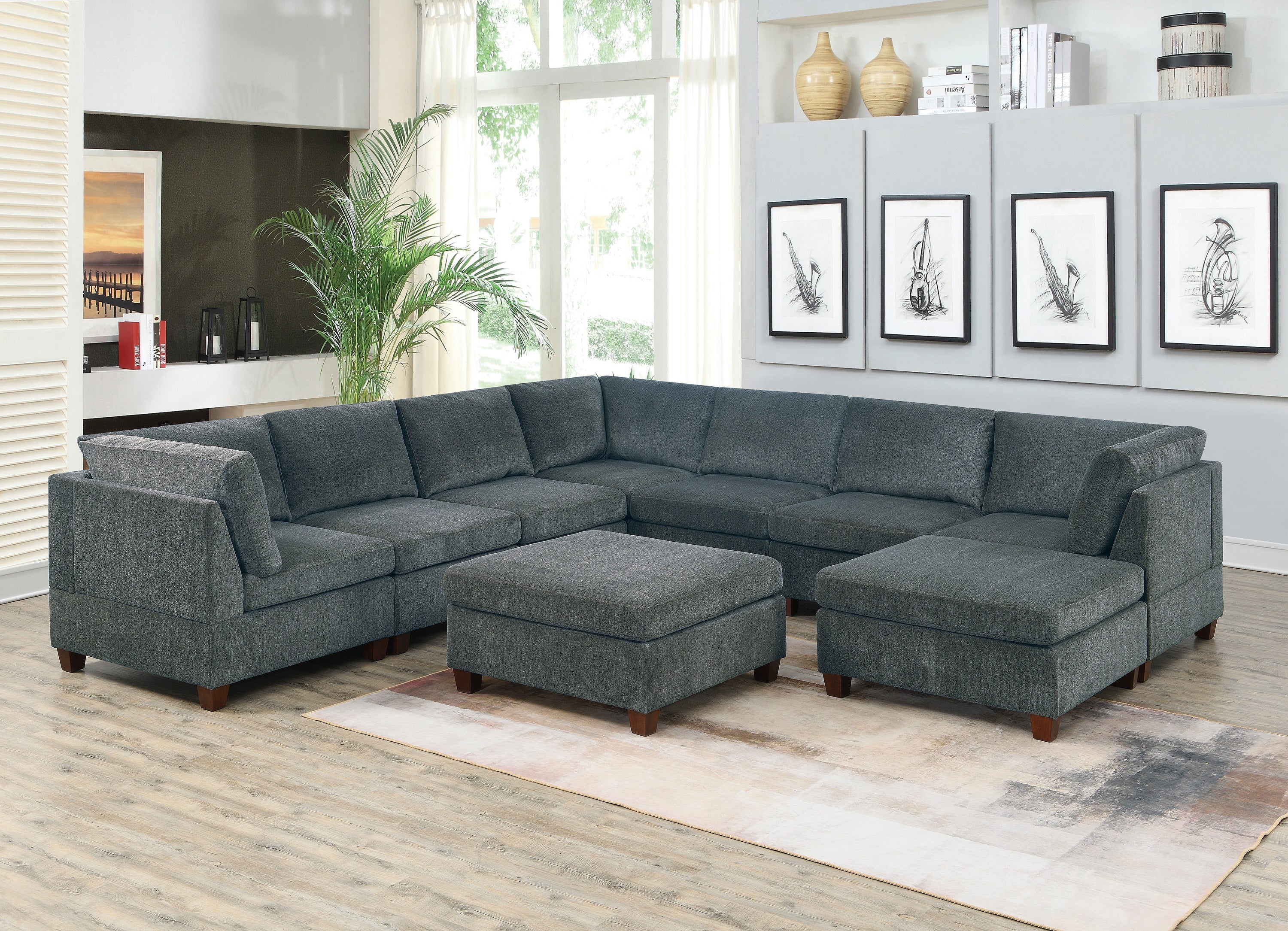 Large Modern Grey Chenille 9pc Modular U-Sectional Sofa