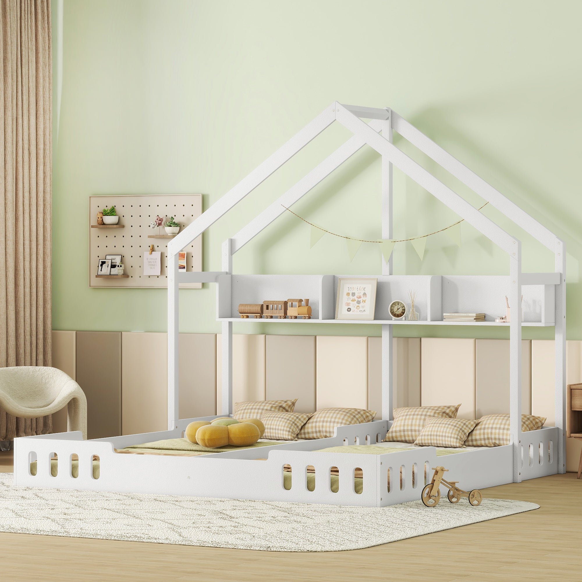 Twin Wood House Platform Bed w/ Shelves & Guardrail, Cream White
