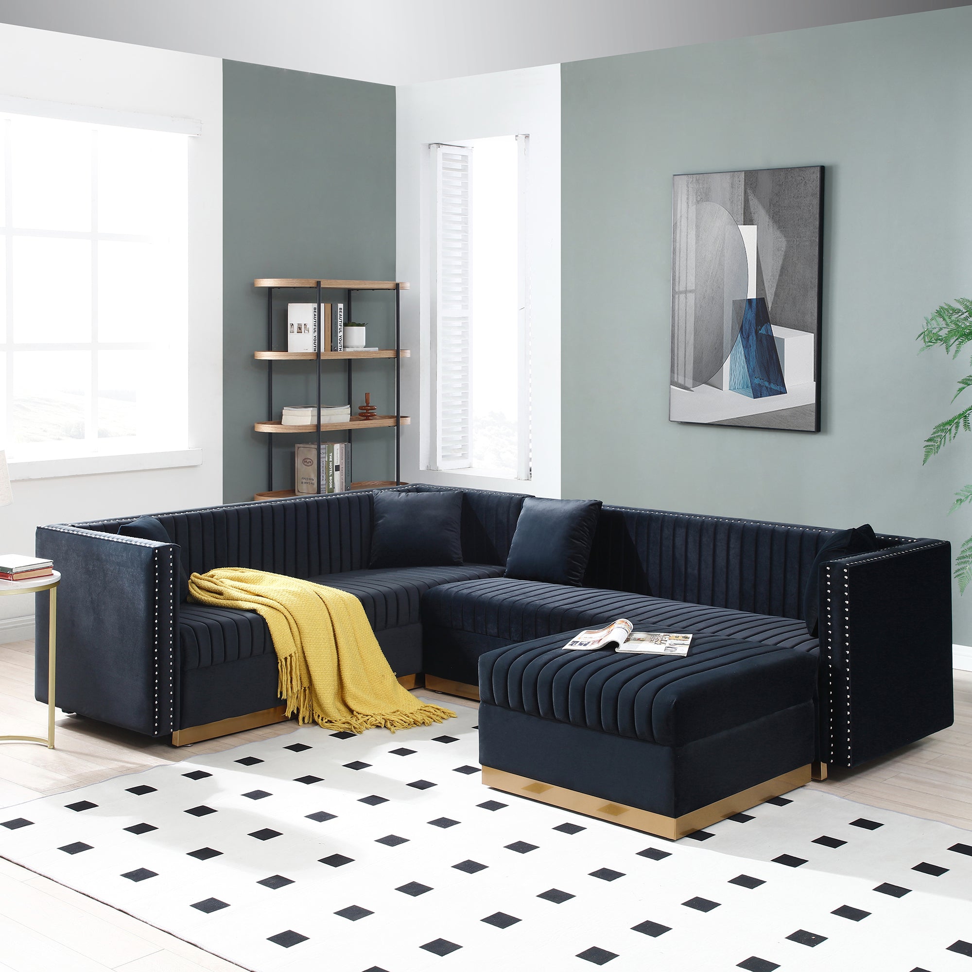 Modern Black Velvet Tufted Sectional Sofa & Ottoman