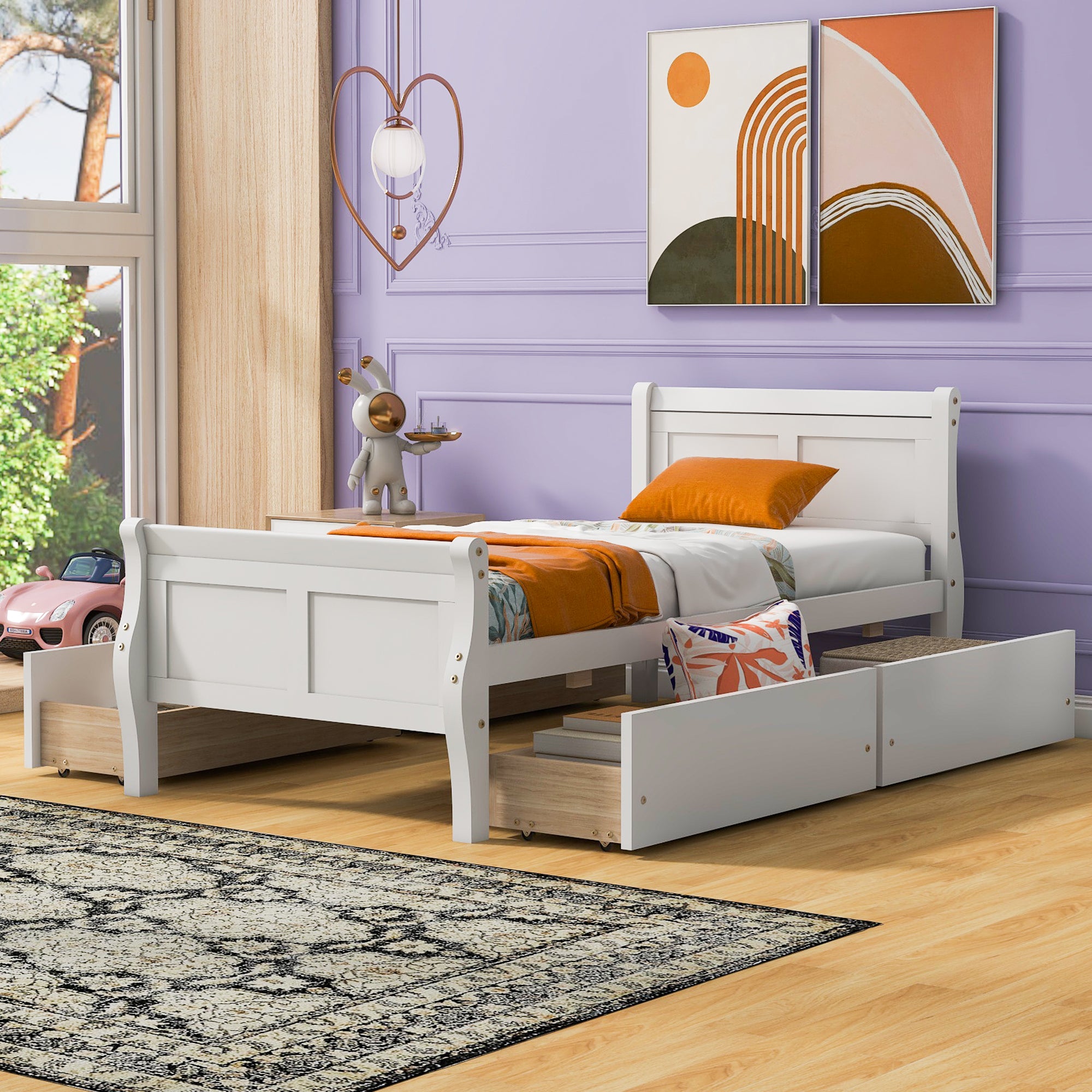 White Twin Wood Platform Bed with 4 Drawers & Streamlined Design