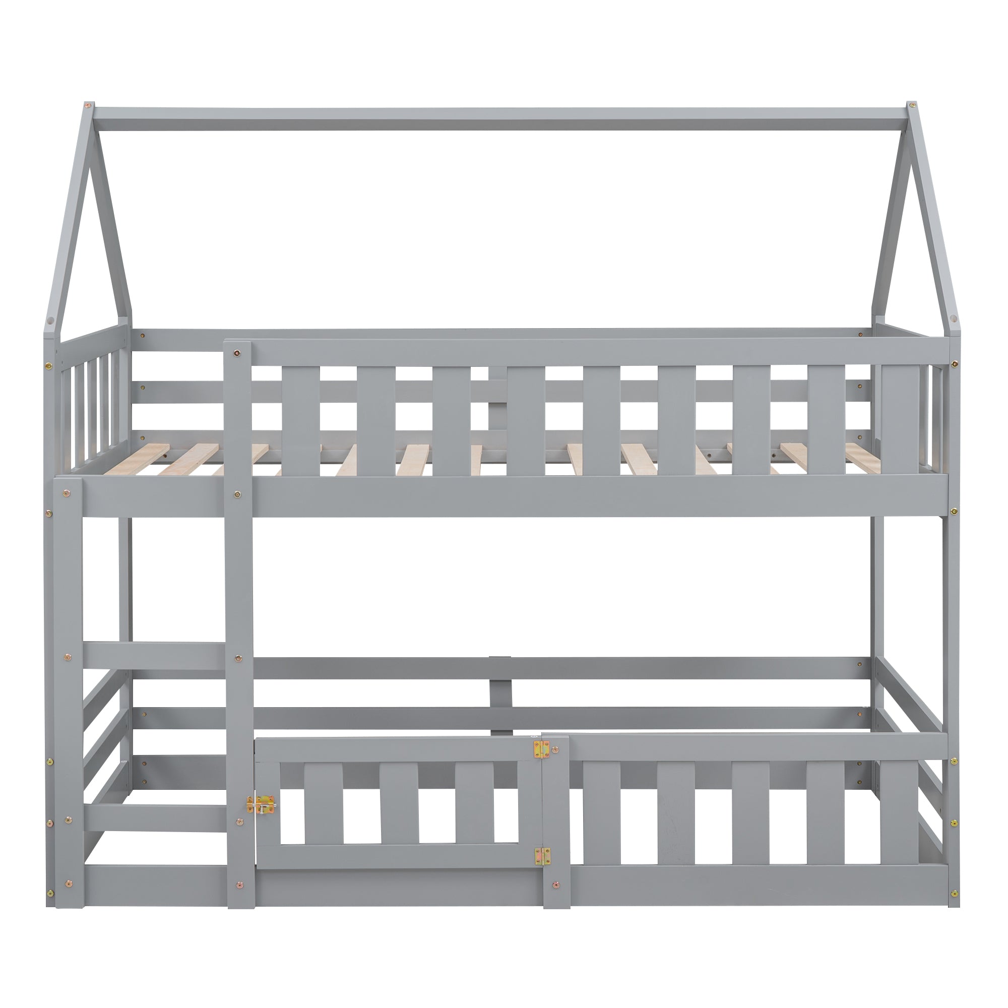 Belyndah Grey Twin over Twin House Bunk Bed w/ Fence & Door