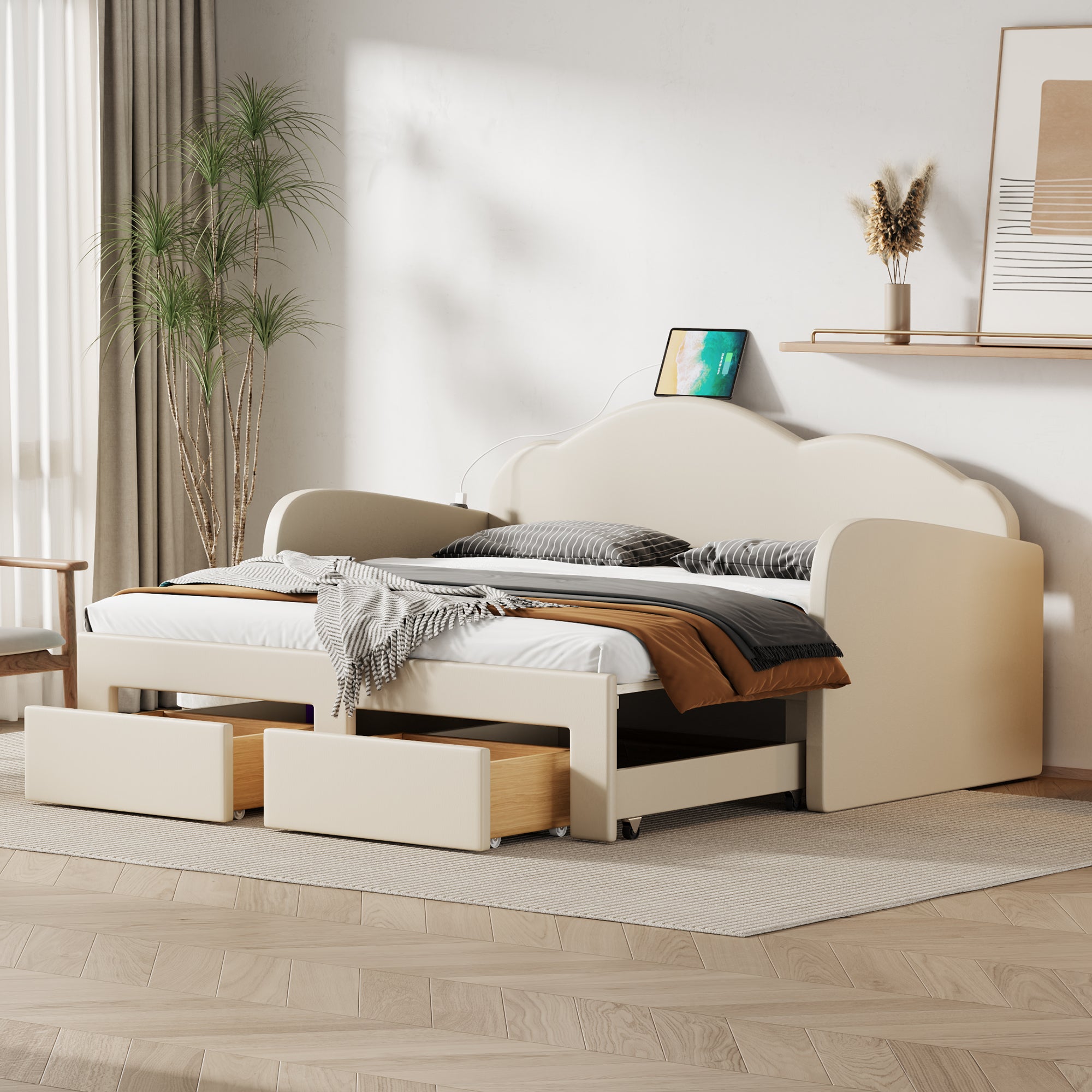 Beige Twin Upholstered Daybed: Trundle, Drawers, USB, Cloud Back