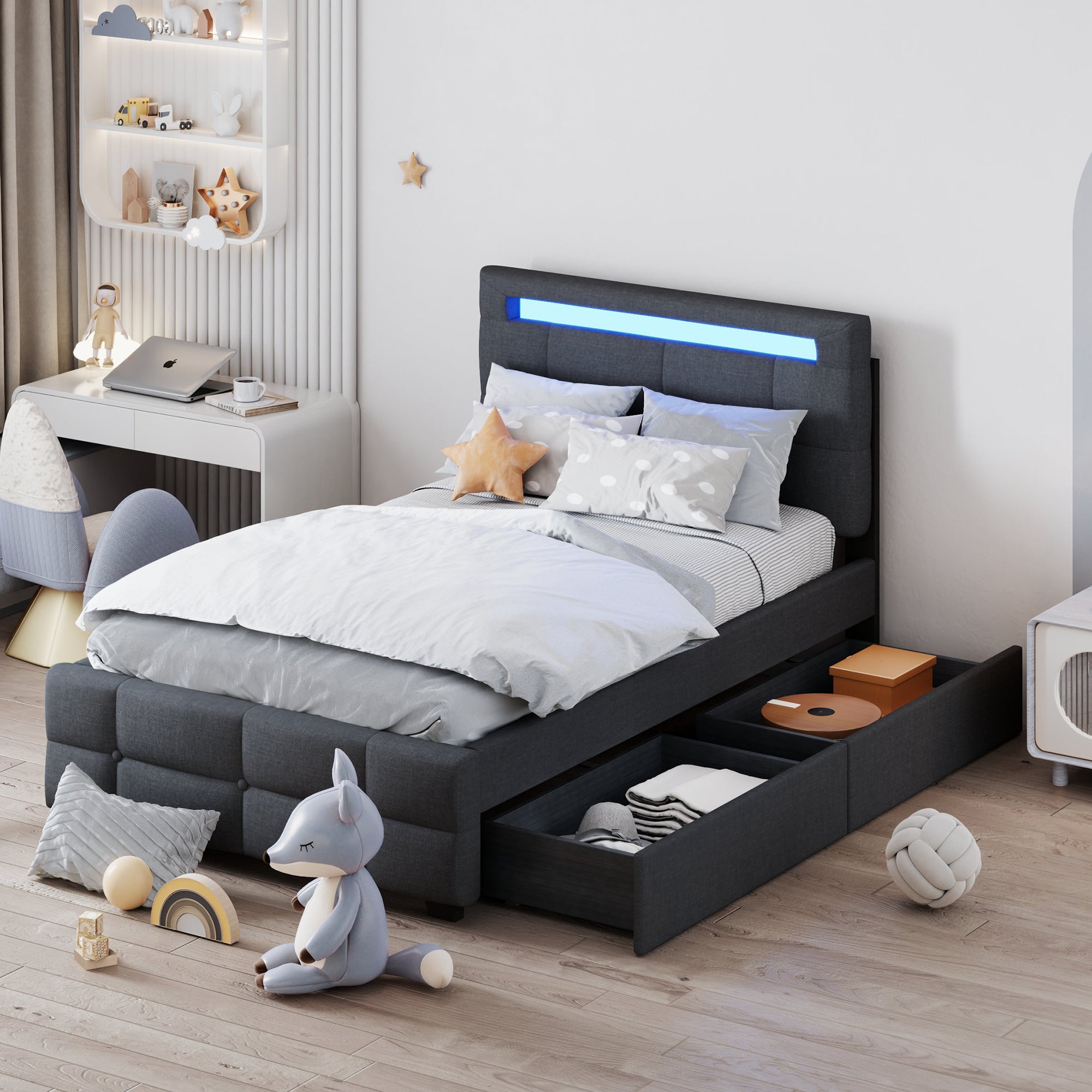 Twin Upholstered Platform Bed with LED & Storage Drawers, Gray